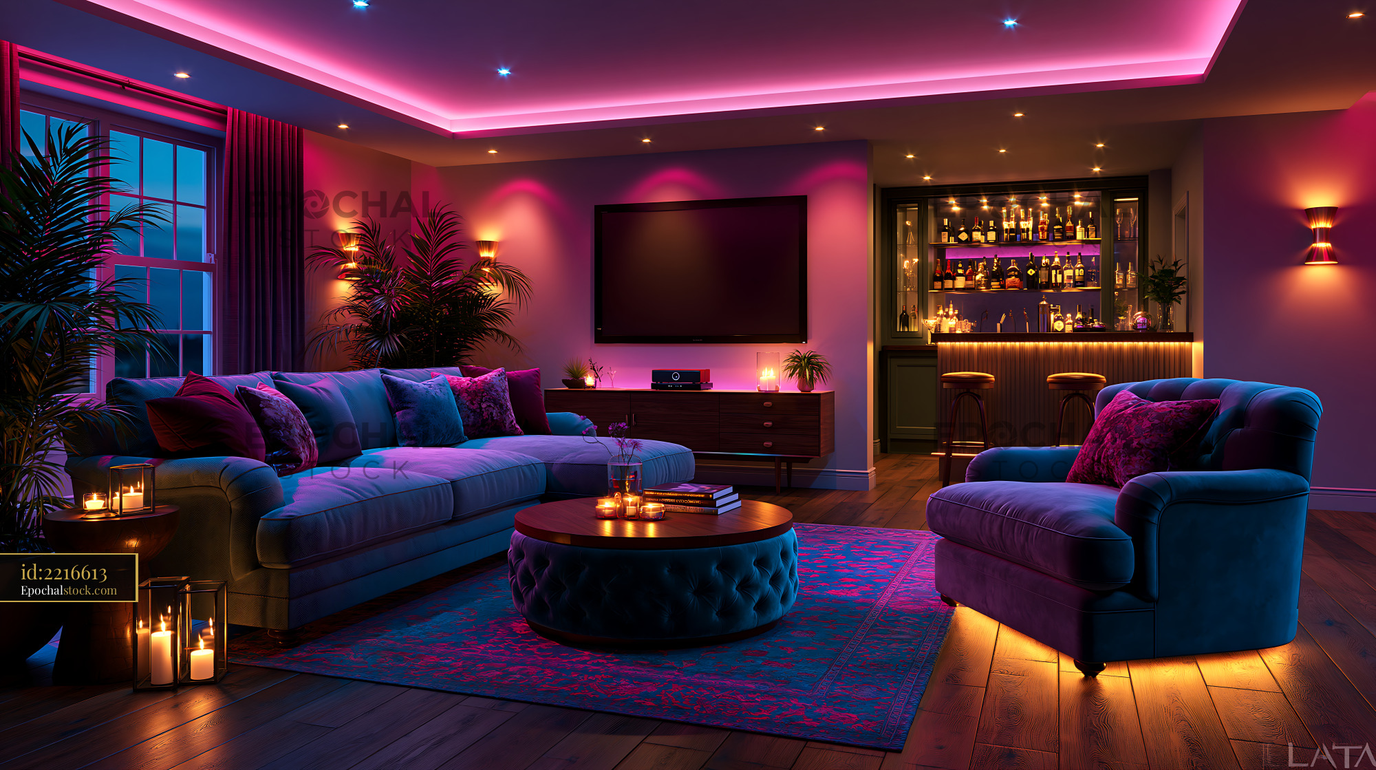 Watermarked full-resolution preview of Modern living room with colorful lighting and bar area
