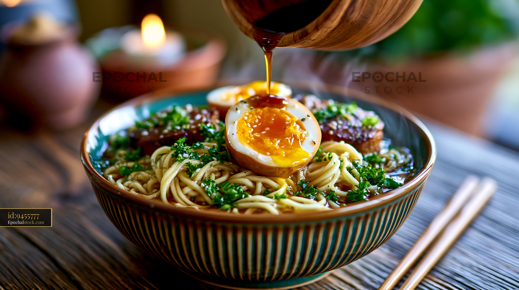 Watermarked full-resolution preview of Delicious bowl of noodles with egg and herbs is served