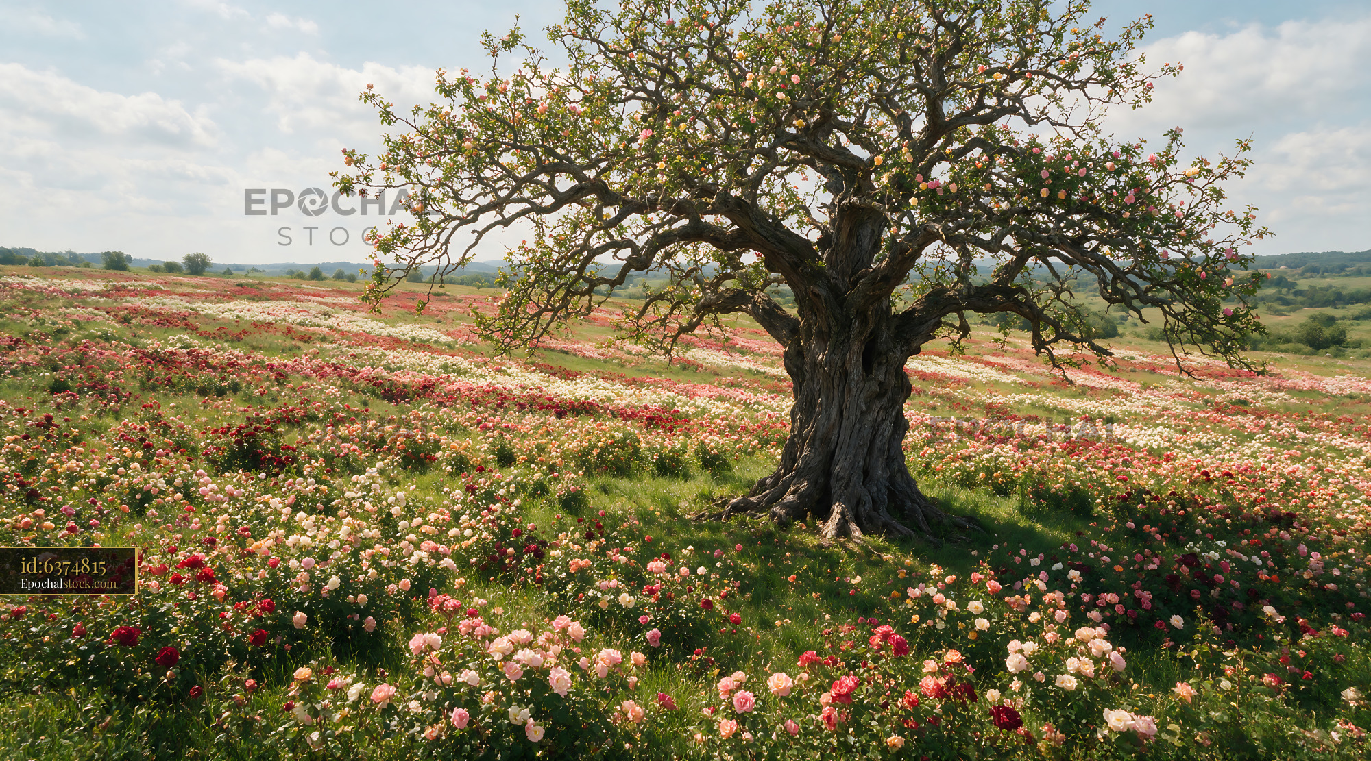 Watermarked full-resolution preview of Blossoming landscape with tree and flower field in spring