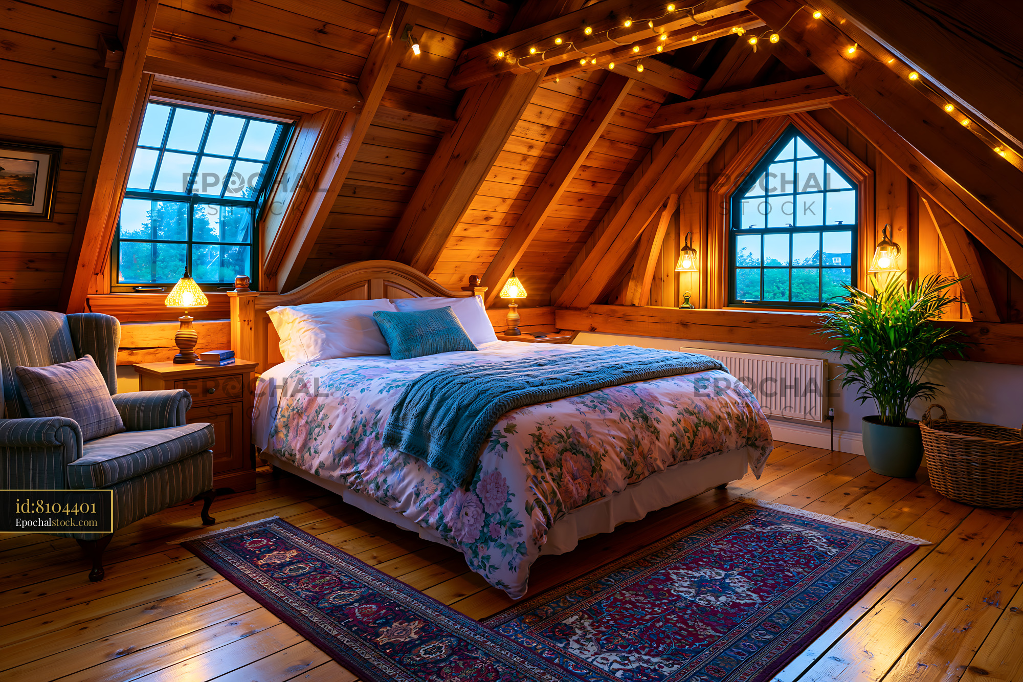 Watermarked full-resolution preview of Cozy bedroom with wooden beams and warm lighting in an attic