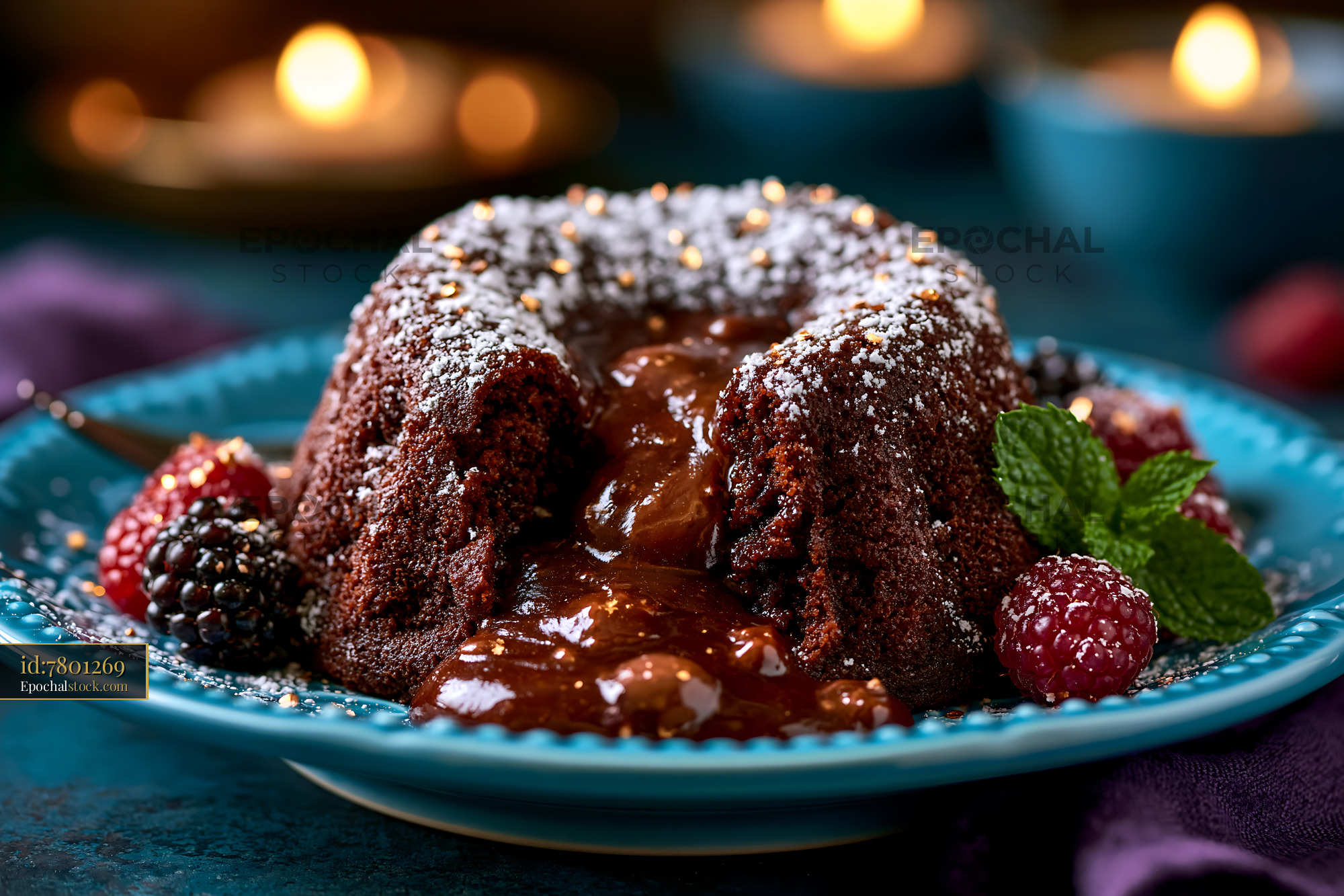 Watermarked full-resolution preview of Chocolate lava cake served on a blue plate with berries