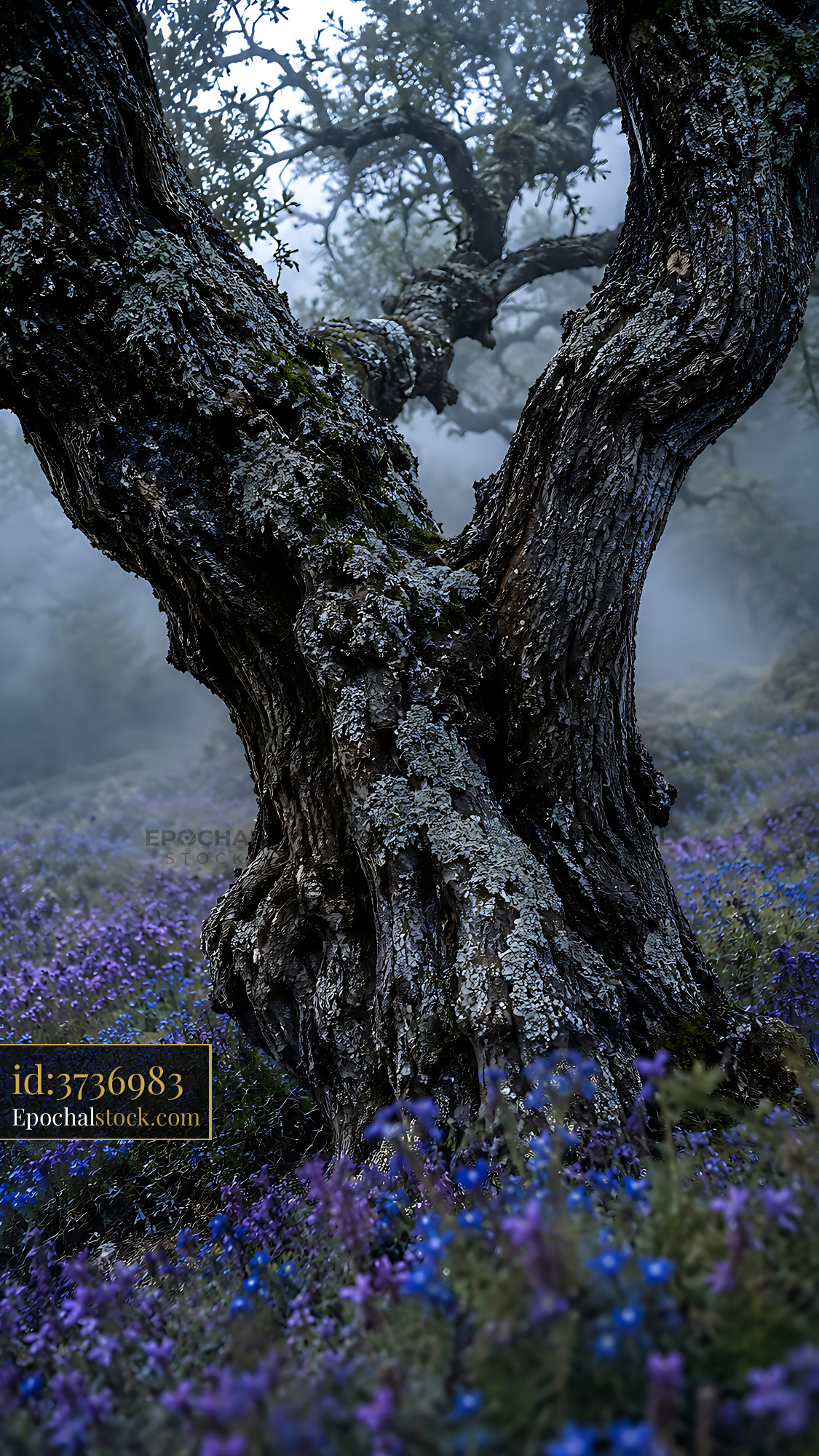 Watermarked full-resolution preview of Old tree with twisted trunk in foggy forest