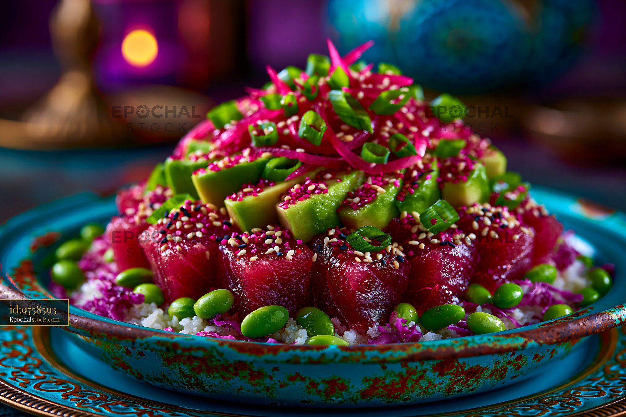 Watermarked full-resolution preview of Colorful seafood dish with vegetables served in a decorative bowl