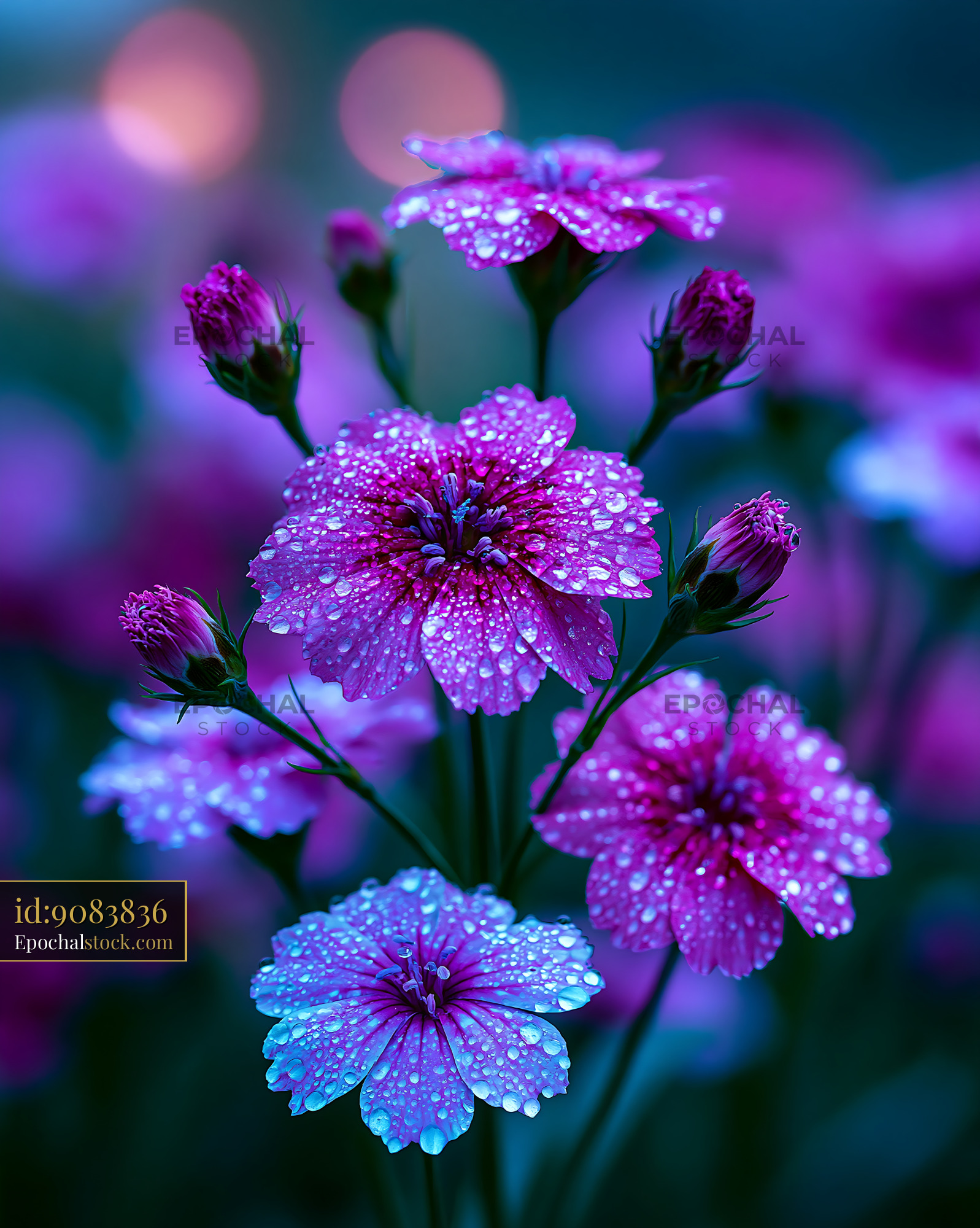Flowers With Dewdrops in a Garden at Dusk - stock photo