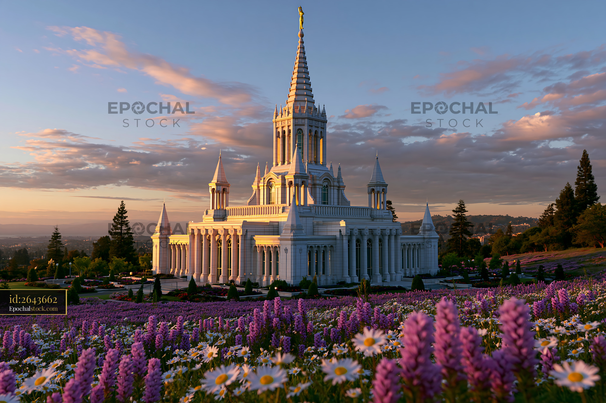 Watermarked full-resolution preview of Beautiful white building surrounded by flowers at sunset