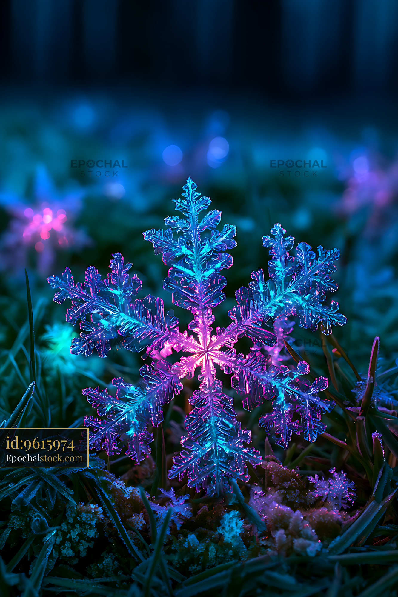 Watermarked full-resolution preview of Glowing colorful snowflake crystals in winter grass