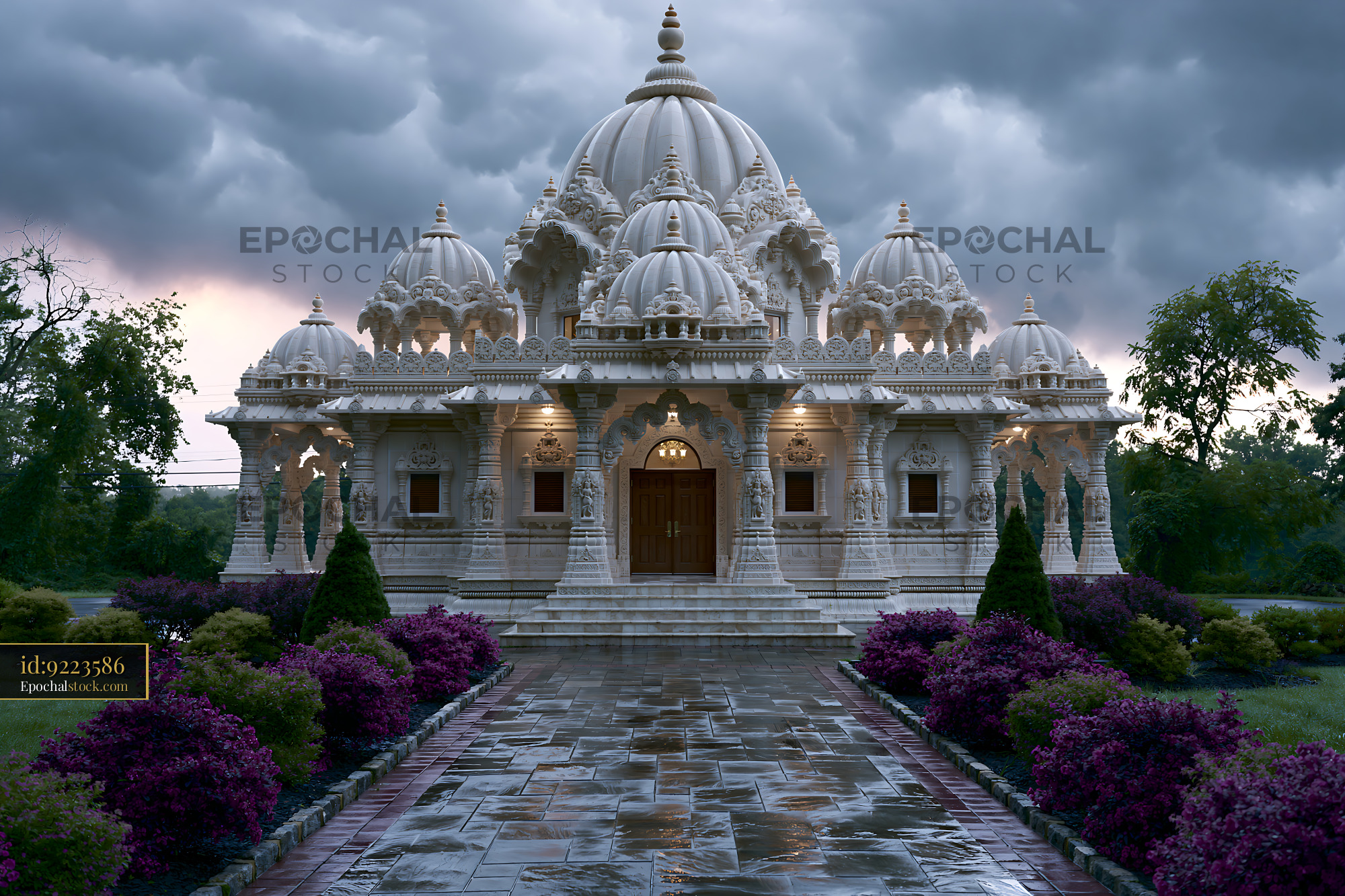 Watermarked full-resolution preview of Ornate temple with domes surrounded by greenery under cloudy sky