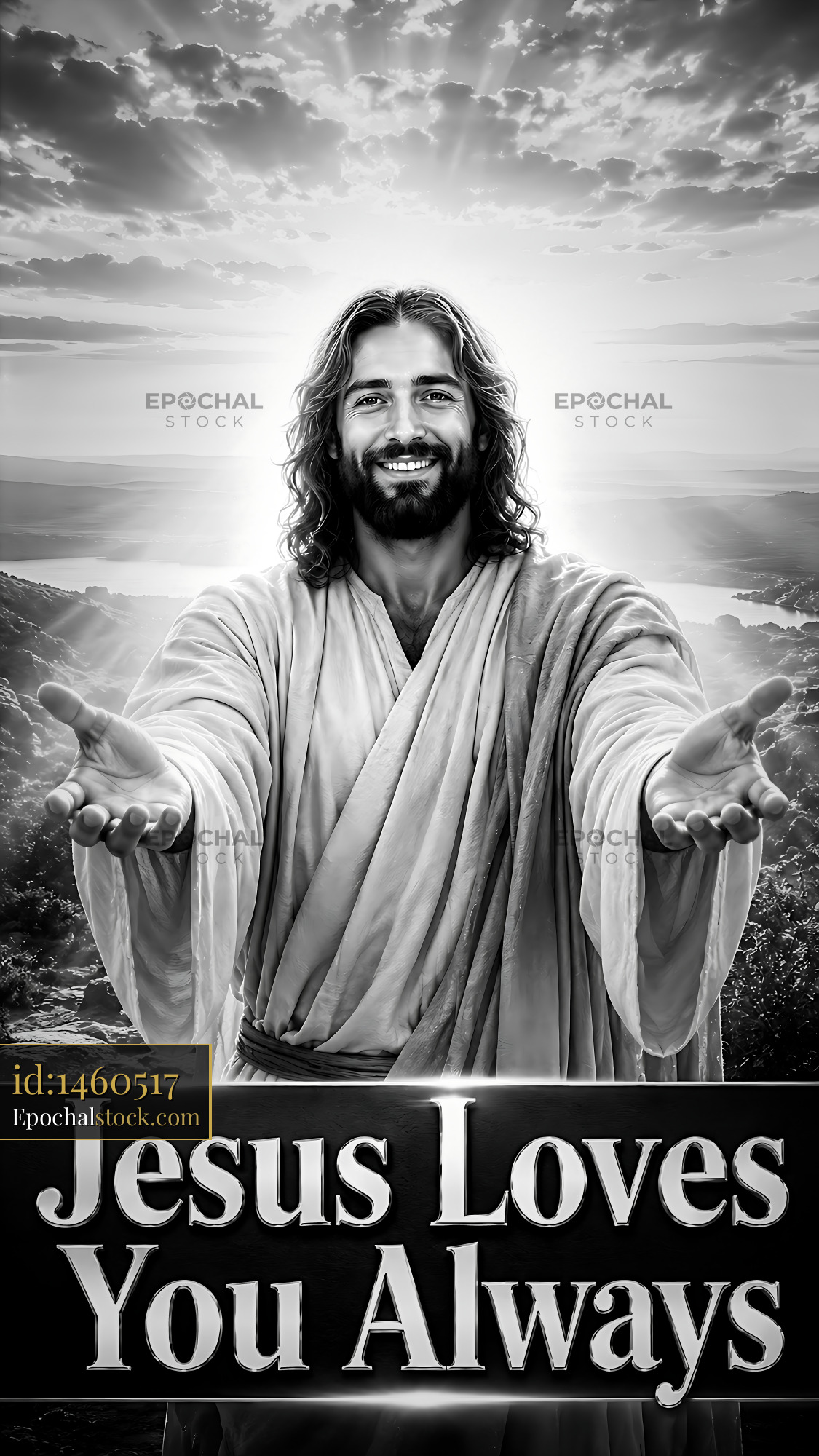 Watermarked full-resolution preview of Jesus welcomes with open arms in a scenic landscape