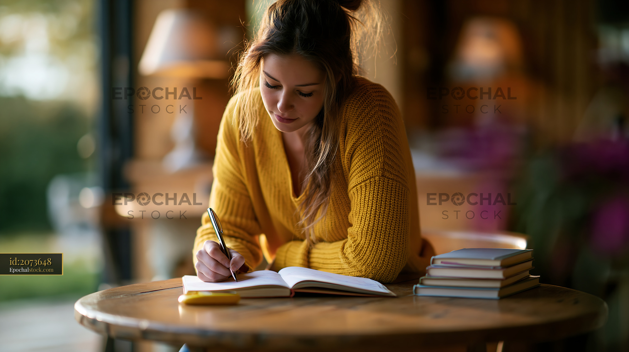 Watermarked full-resolution preview of Woman writing in a notebook at a wooden table in a cozy setting