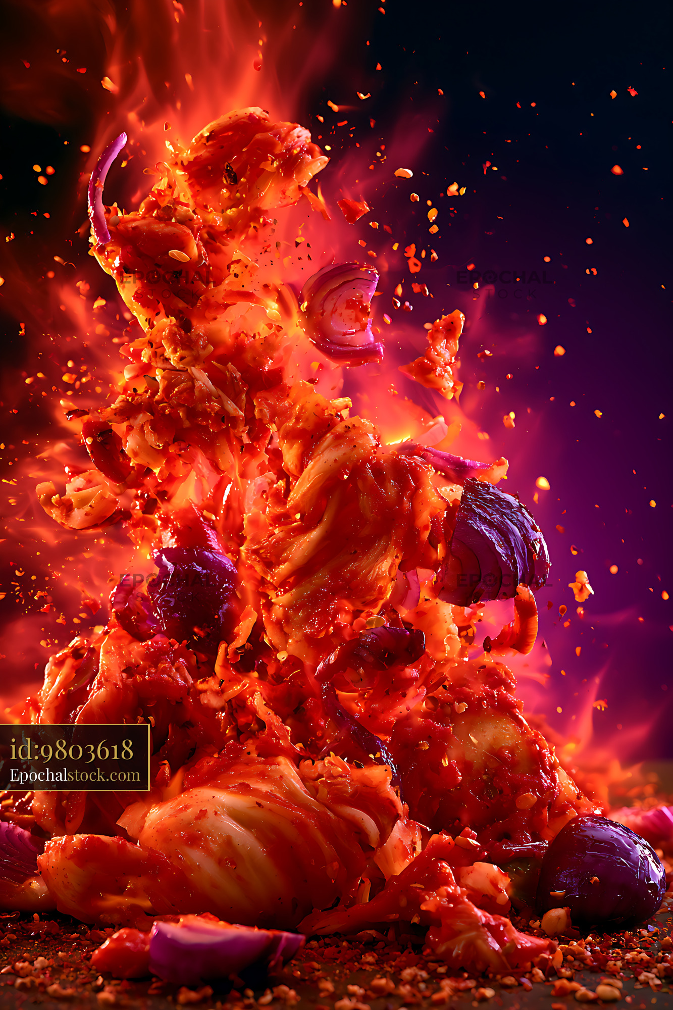 Watermarked full-resolution preview of Spicy kimchi explosion with vibrant colors and motion