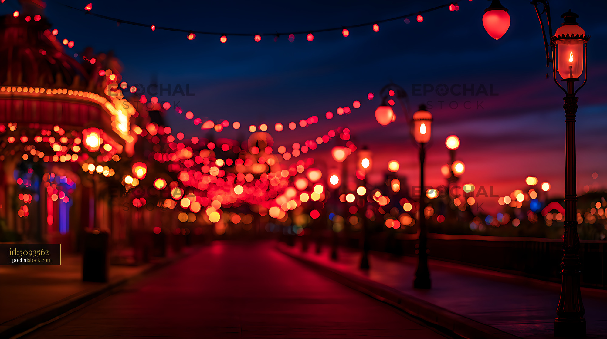 Watermarked full-resolution preview of Atmospheric evening walkway illuminated by colorful lights