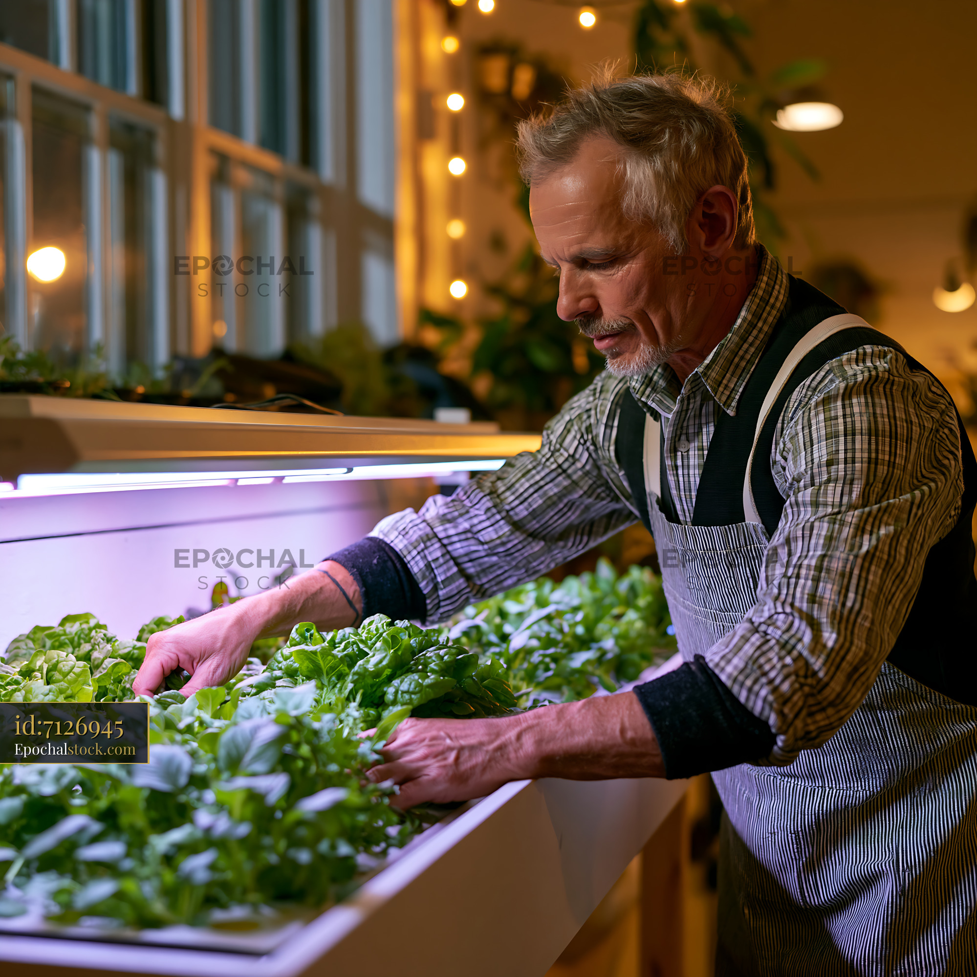 Watermarked full-resolution preview of Gardener tending to fresh greens in an indoor garden at night