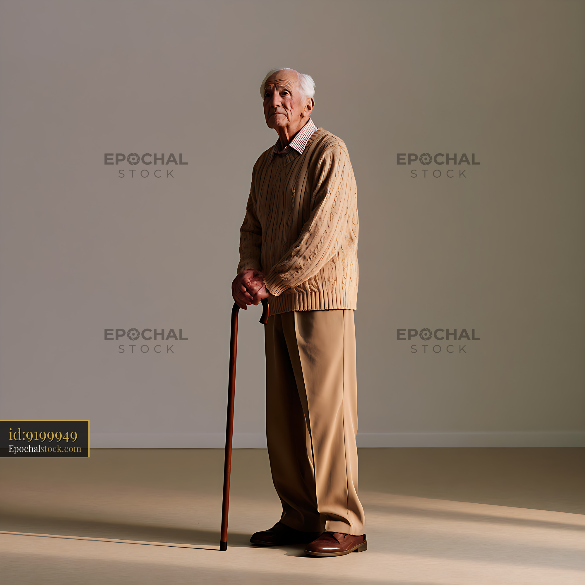 Watermarked full-resolution preview of Senior man with walking cane in a softly lit room