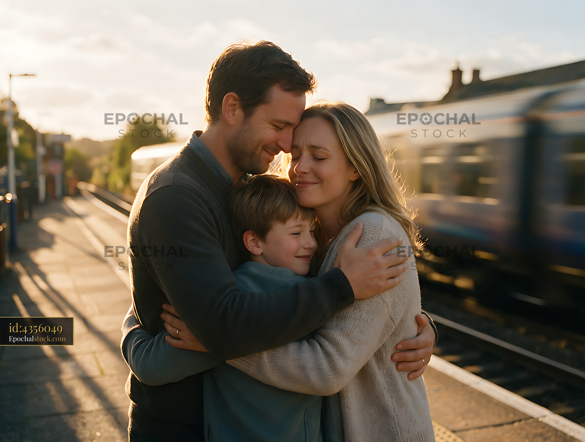 Watermarked full-resolution preview of Family sharing a warm embrace at a railway station