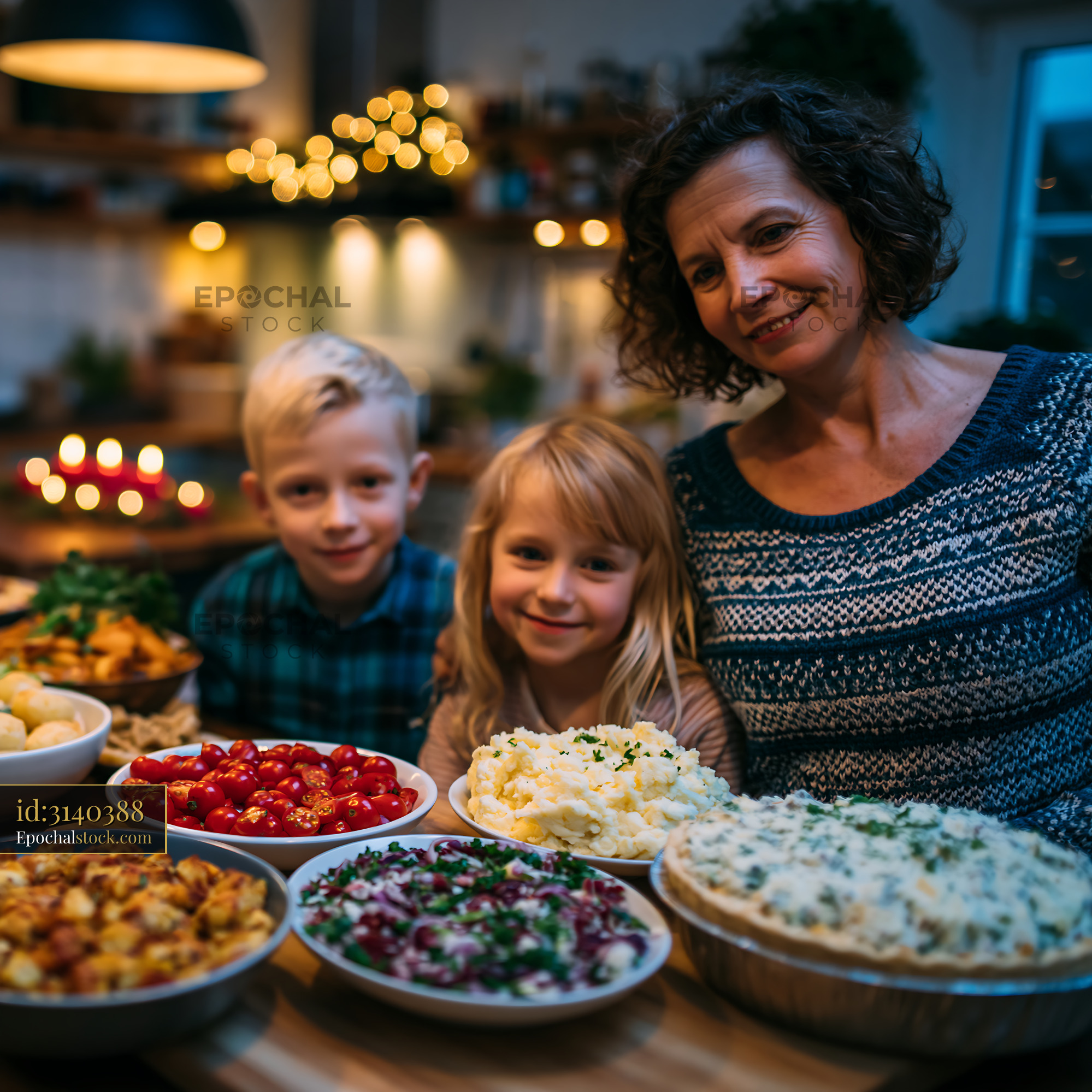 Watermarked full-resolution preview of Family enjoys a meal with various dishes on a dining table