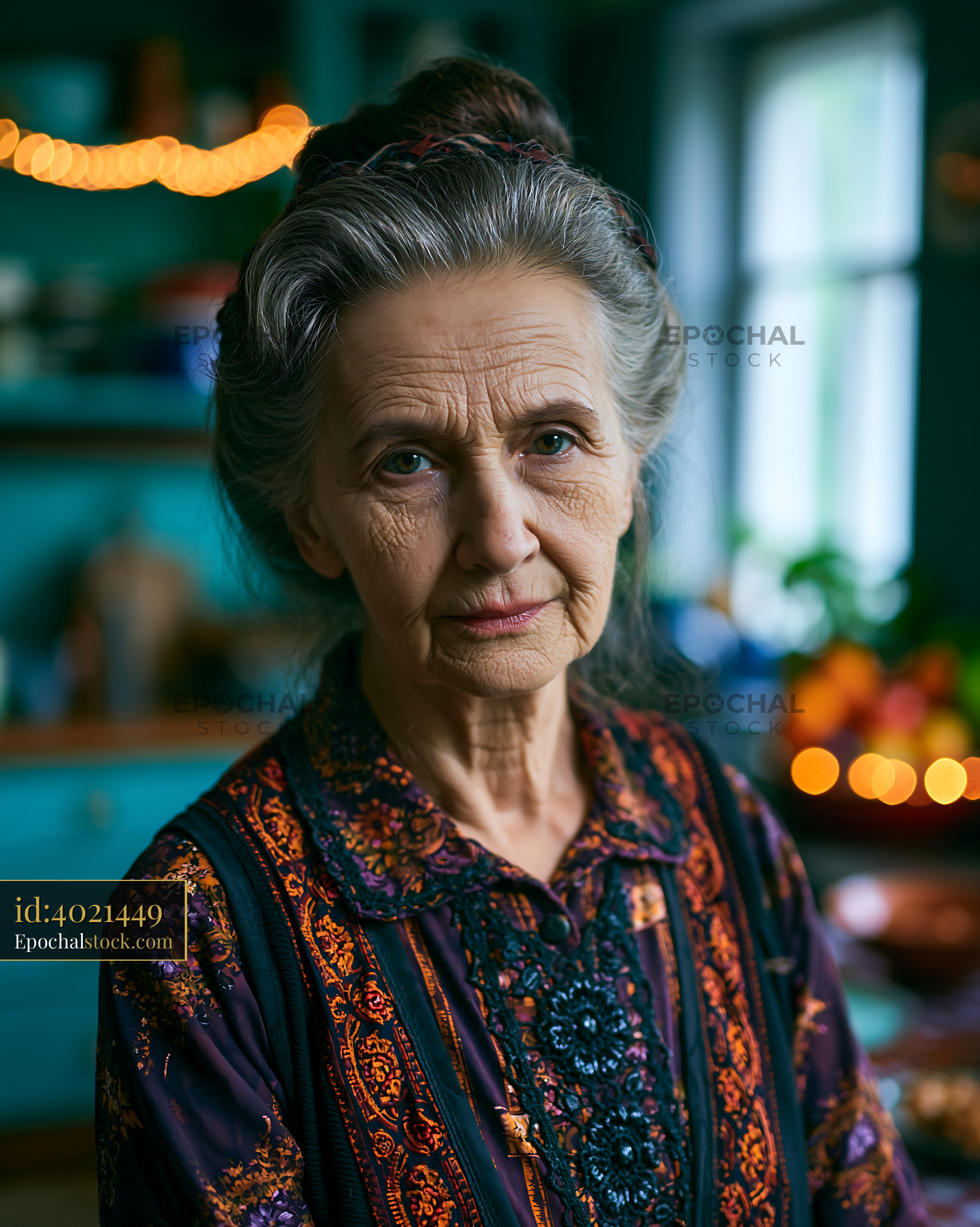 Watermarked full-resolution preview of Elderly woman in traditional dress in a cozy kitchen setting
