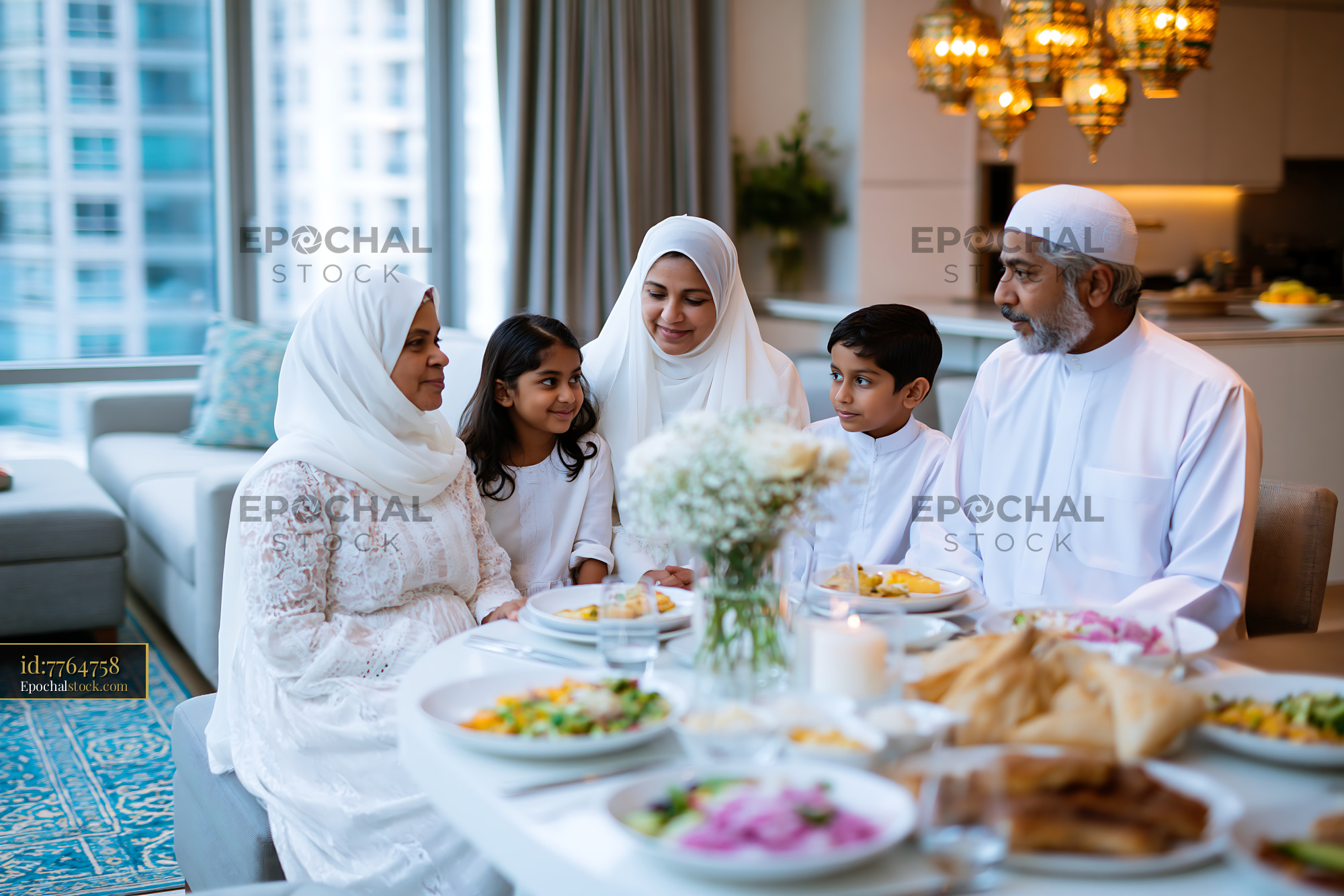 Family Sharing Iftar Dinner in Modern Apartment Setting - stock photo