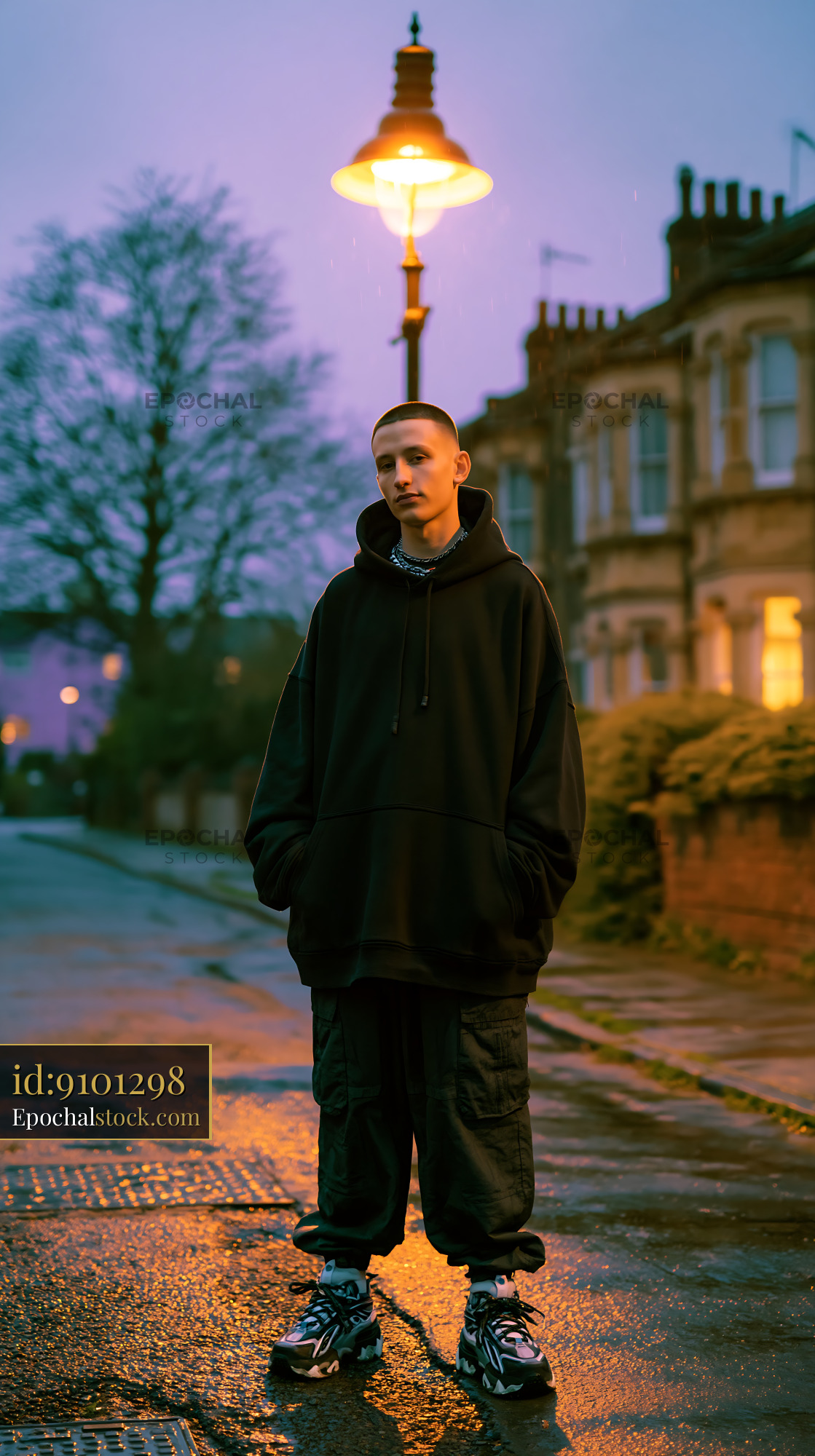 Watermarked full-resolution preview of Young person standing under street lamp on quiet urban street