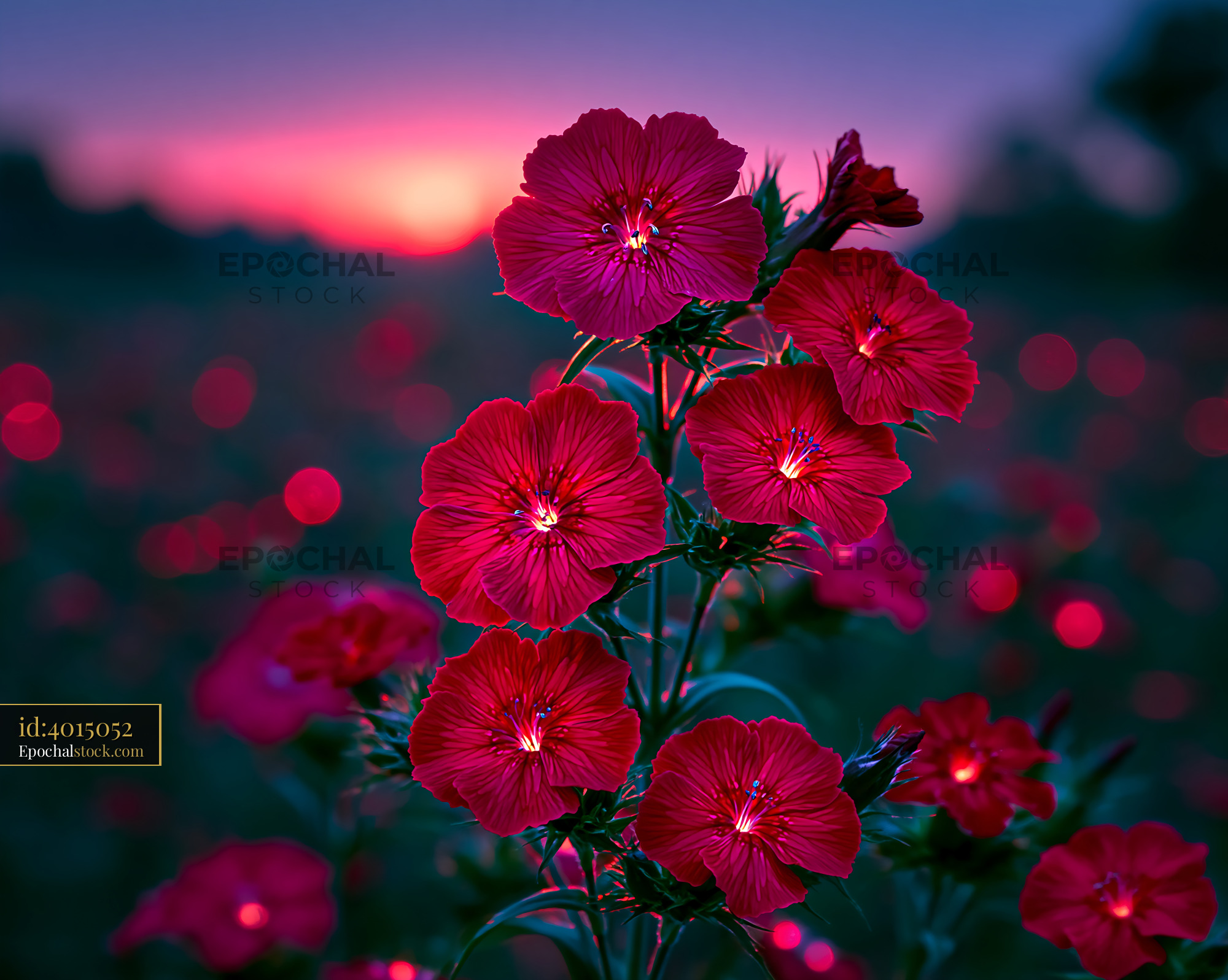 Watermarked full-resolution preview of Bright red flowers against a sunset sky