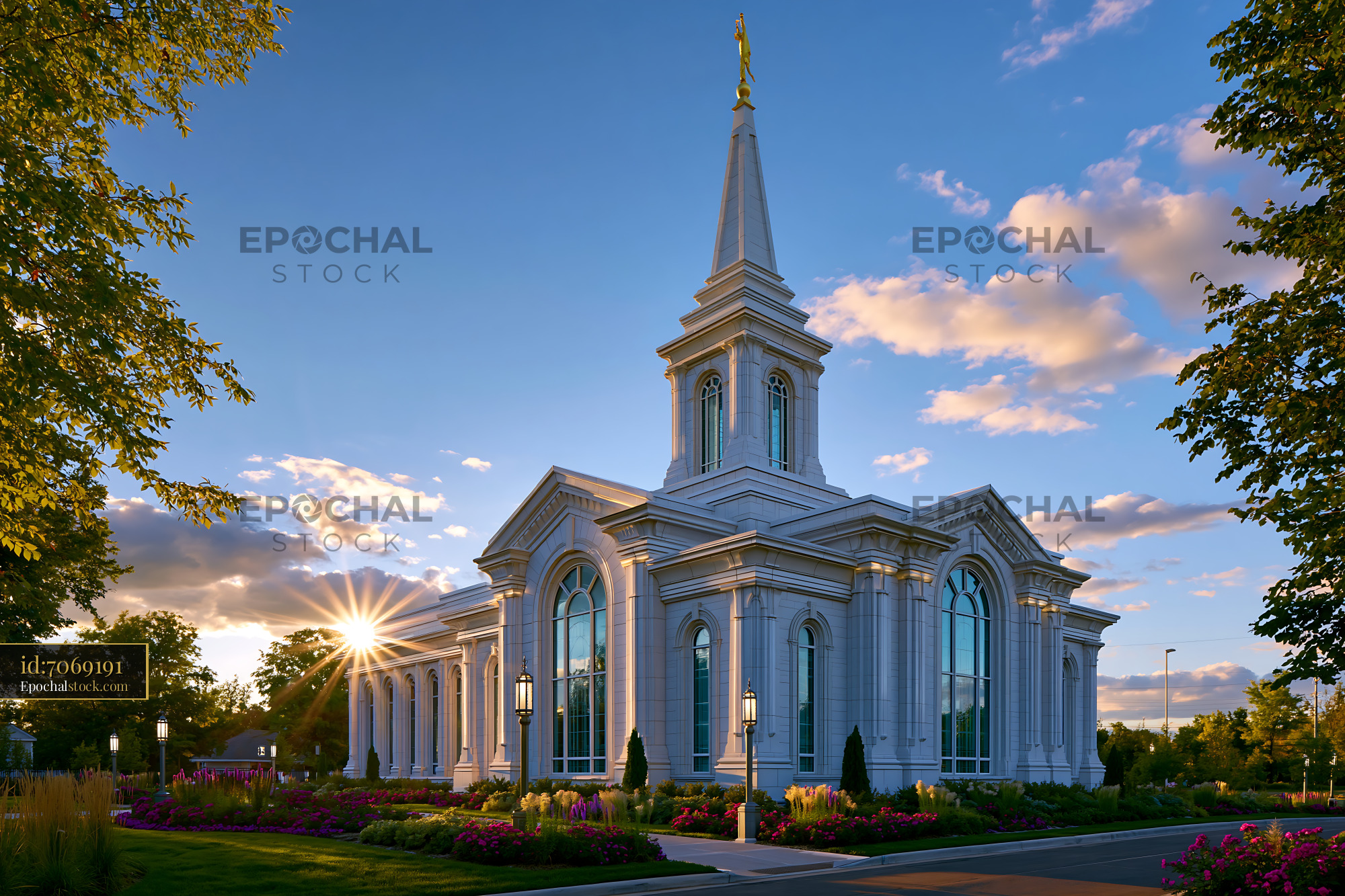 Watermarked full-resolution preview of Church with a spire during sunset in a garden