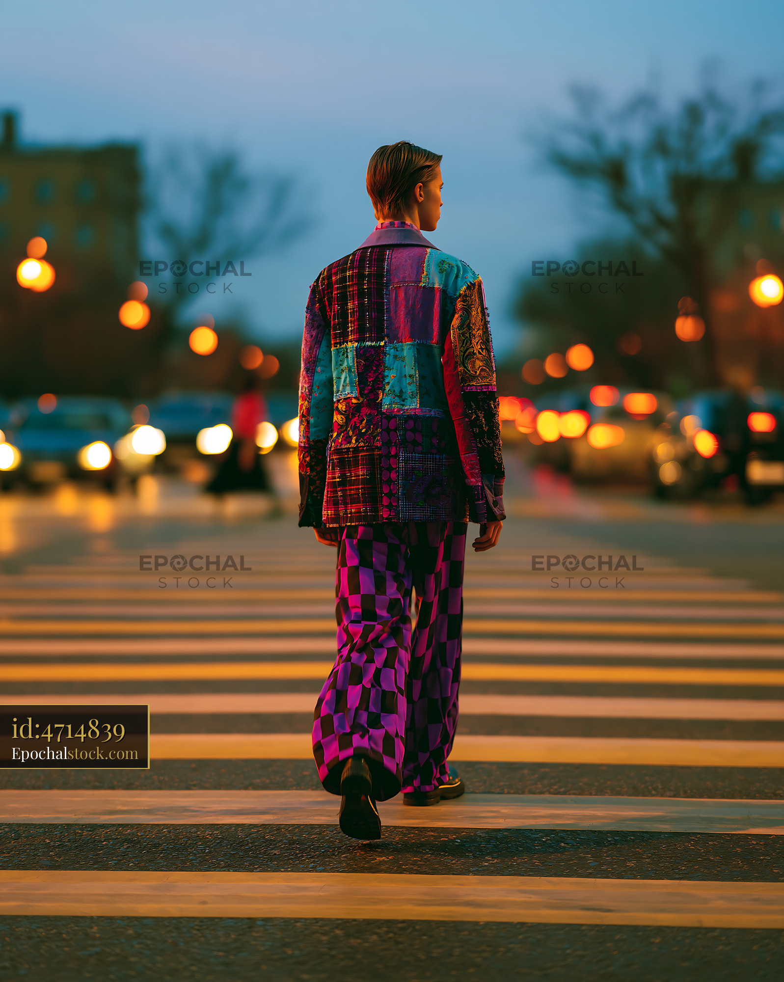 Watermarked full-resolution preview of Person walking across a crosswalk in colorful outfit during dusk