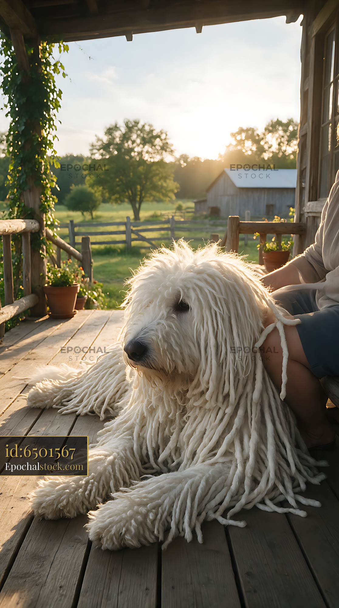Watermarked full-resolution preview of White corded dog and owner enjoying a rural porch