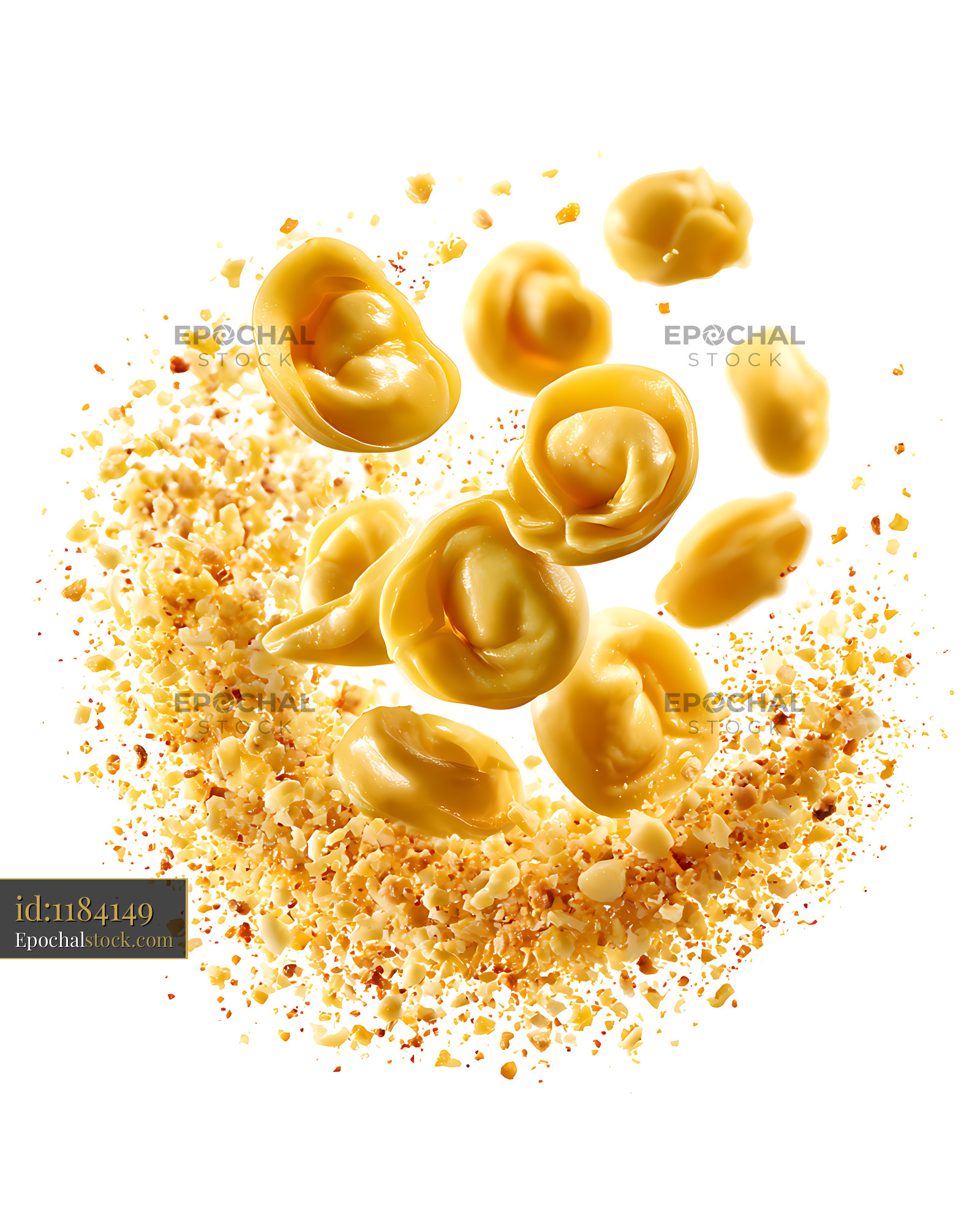 Watermarked full-resolution preview of Floating golden tortellini with scattered crispy crumbs