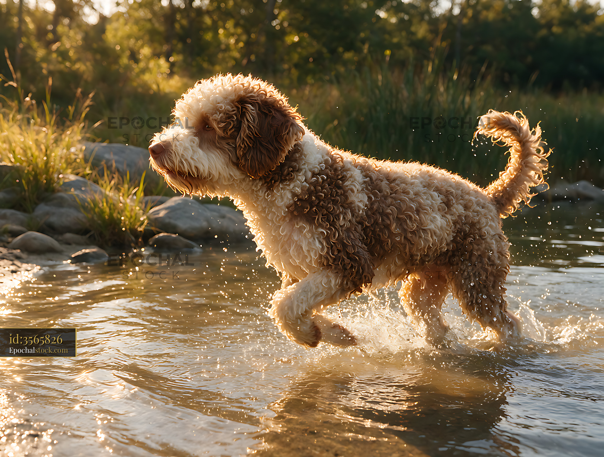Watermarked full-resolution preview of Curly-coated dog splashing through shoreline water