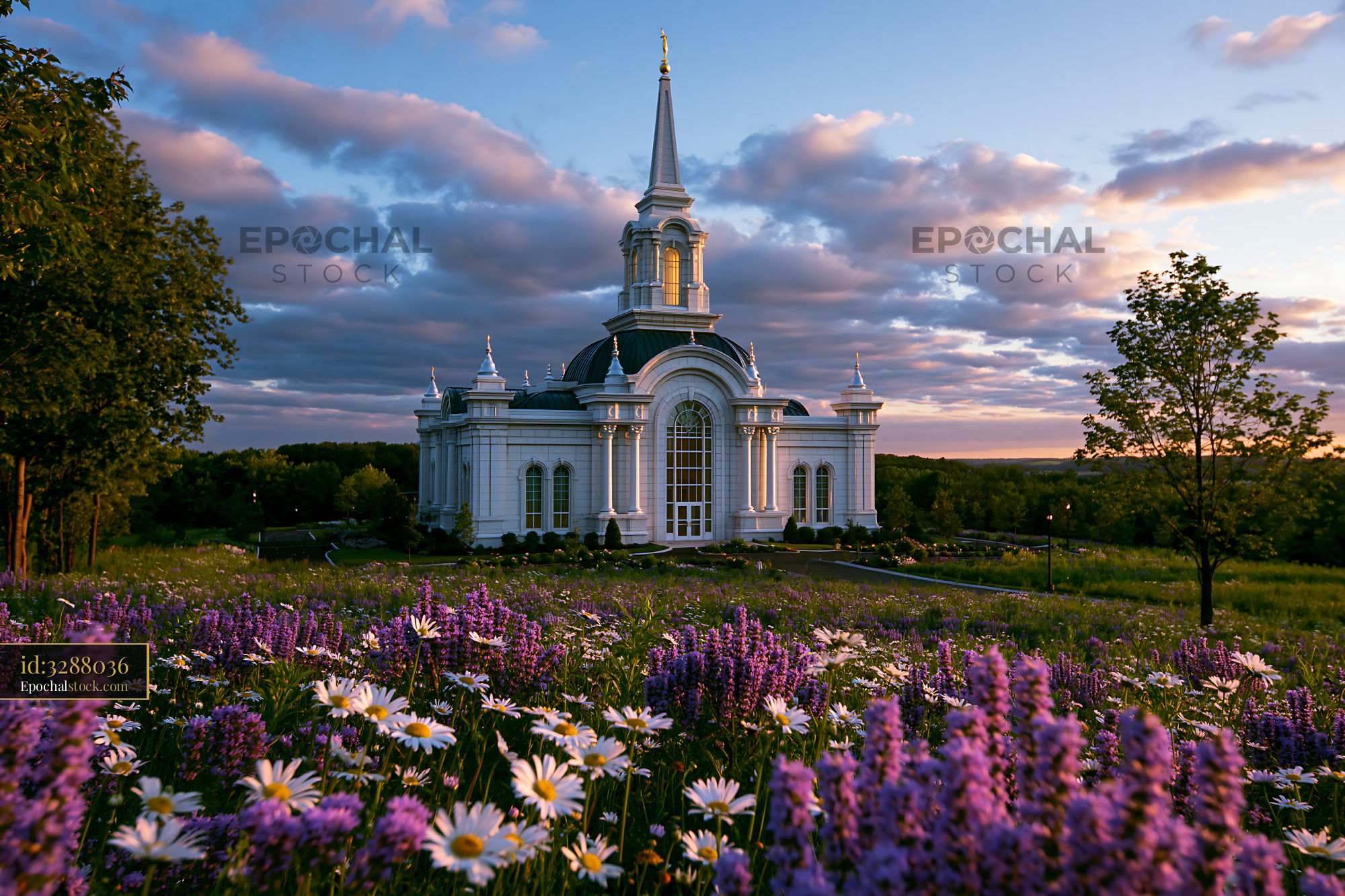 Watermarked full-resolution preview of Church surrounded by flowers during sunset