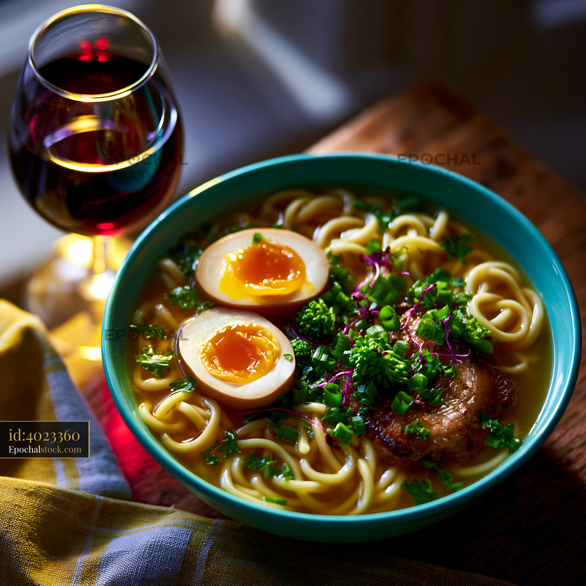 Watermarked full-resolution preview of Warm bowl of ramen with soft boiled egg and glass of red wine