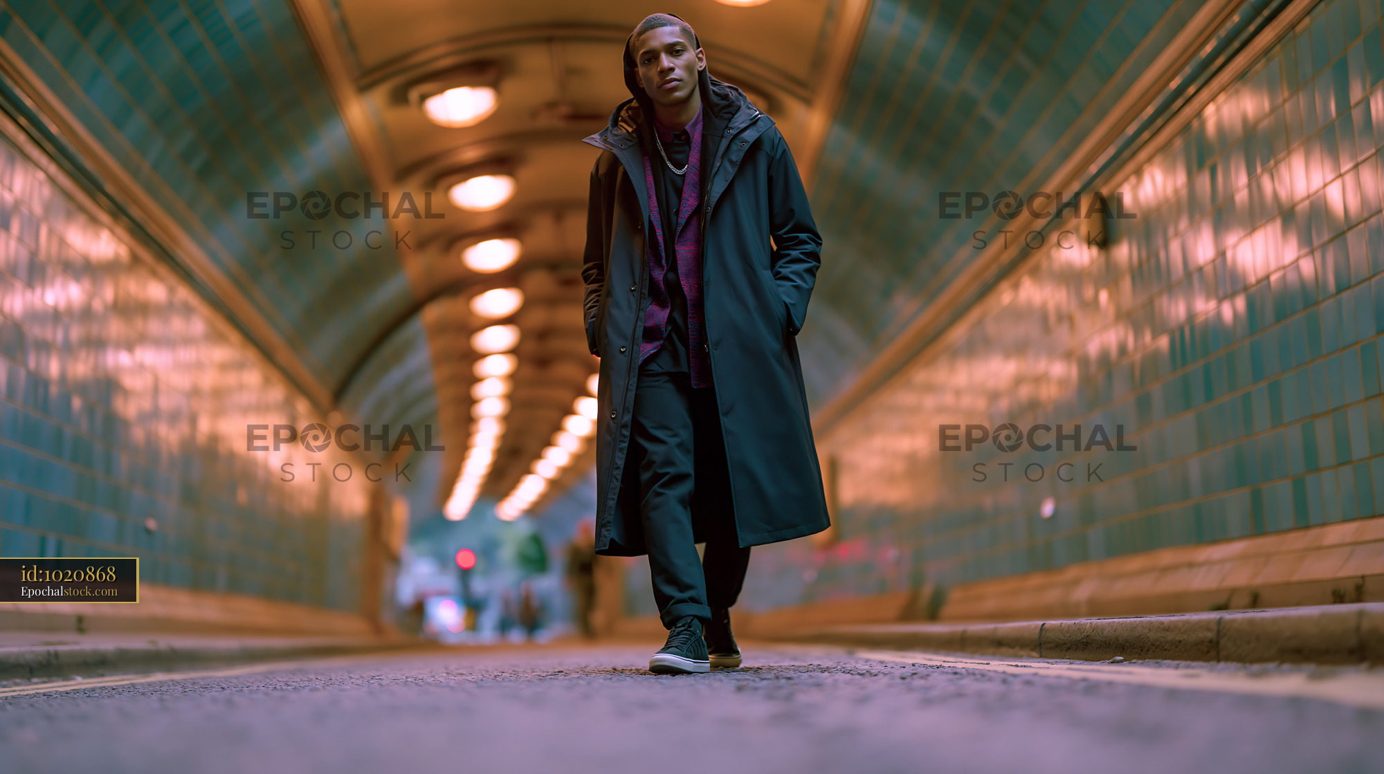 Watermarked full-resolution preview of Person walking in urban tunnel with blue tiles at night