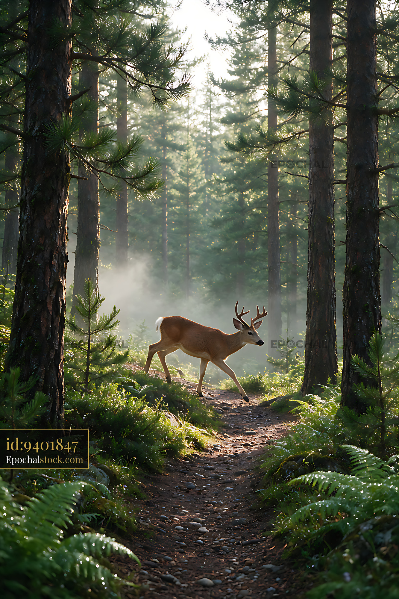 Watermarked full-resolution preview of Antlered deer walking on a forest mountain trail