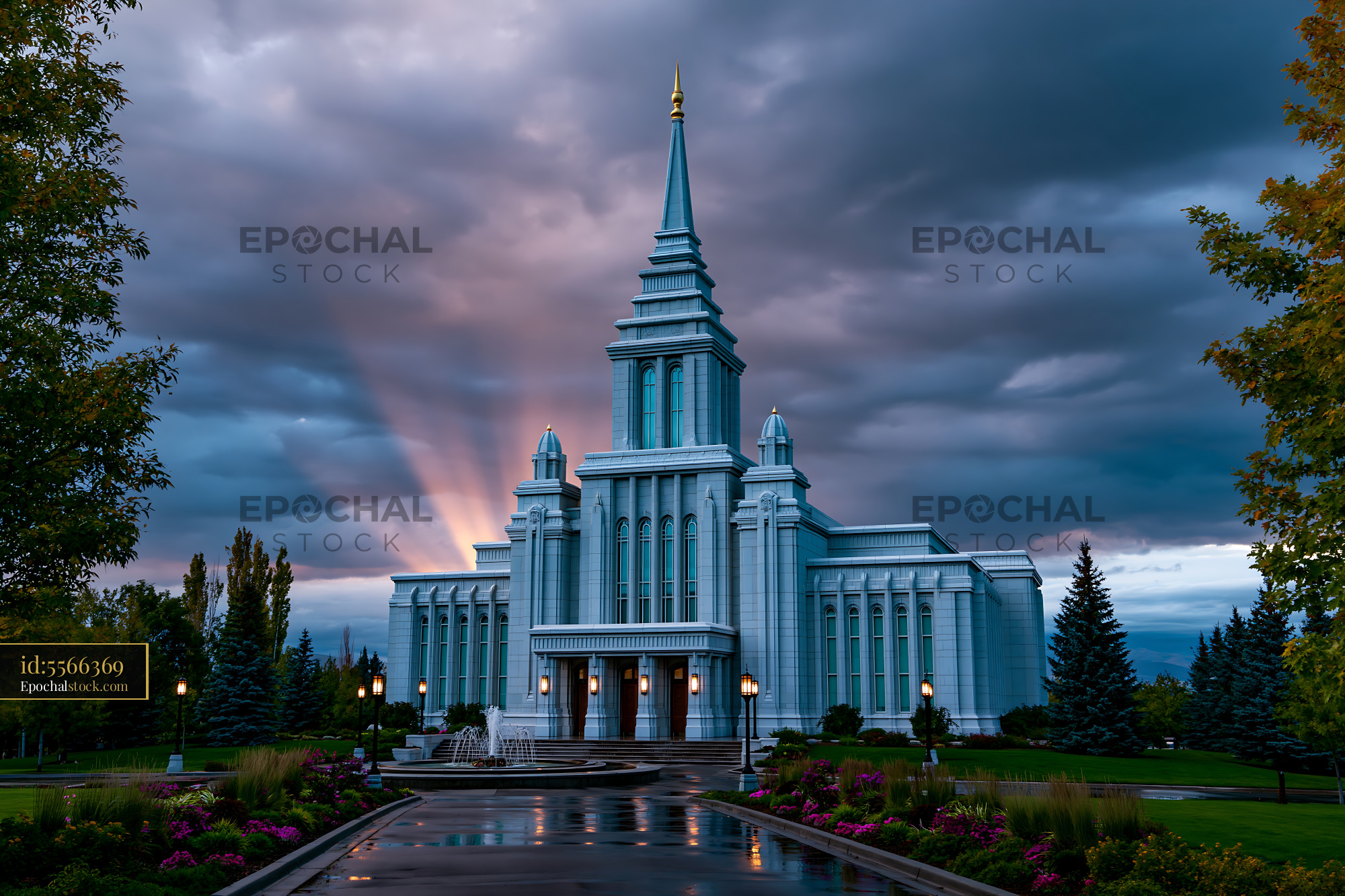 Watermarked full-resolution preview of Building with a tall spire under dramatic clouds