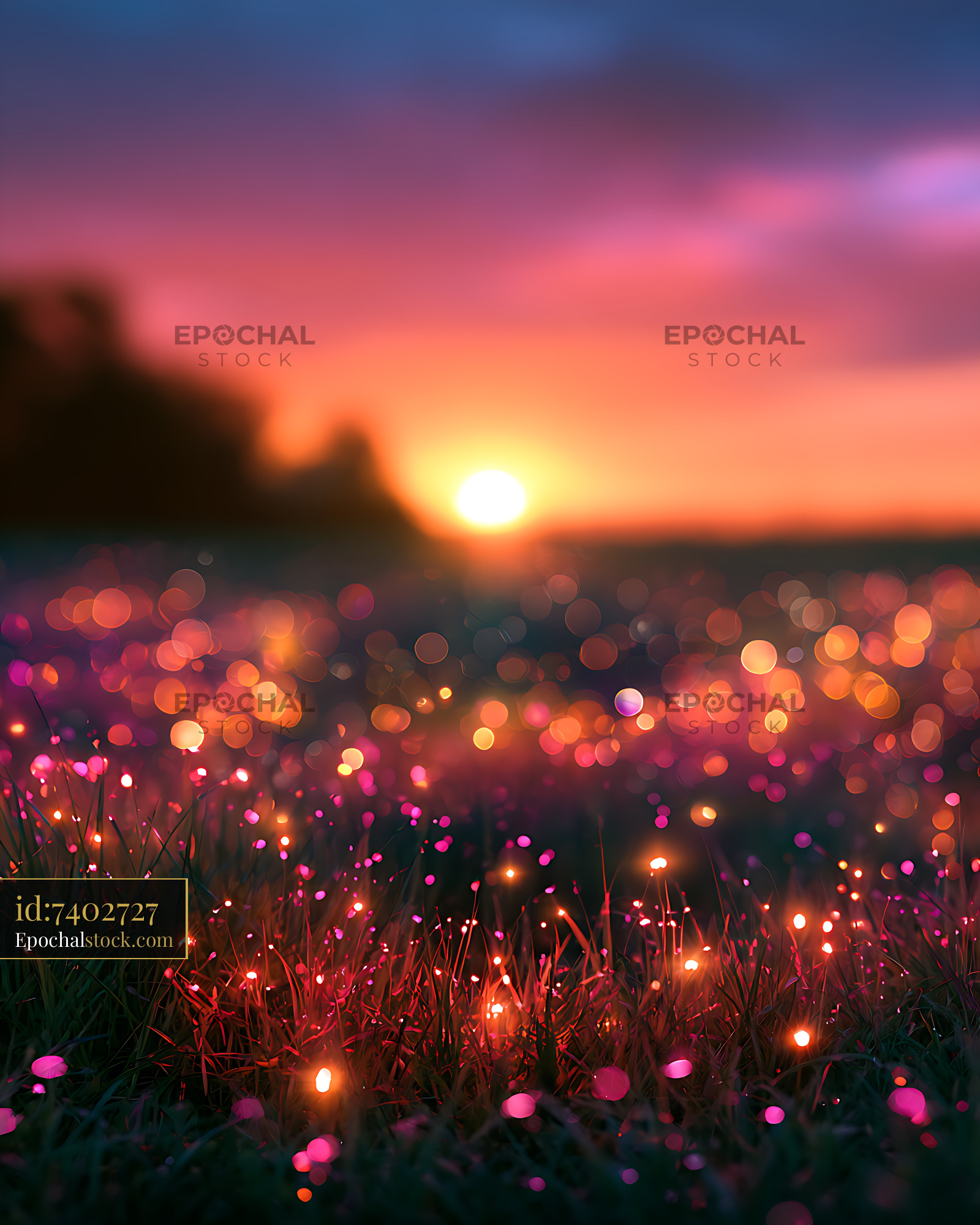 Watermarked full-resolution preview of Colorful lights on grass during sunset