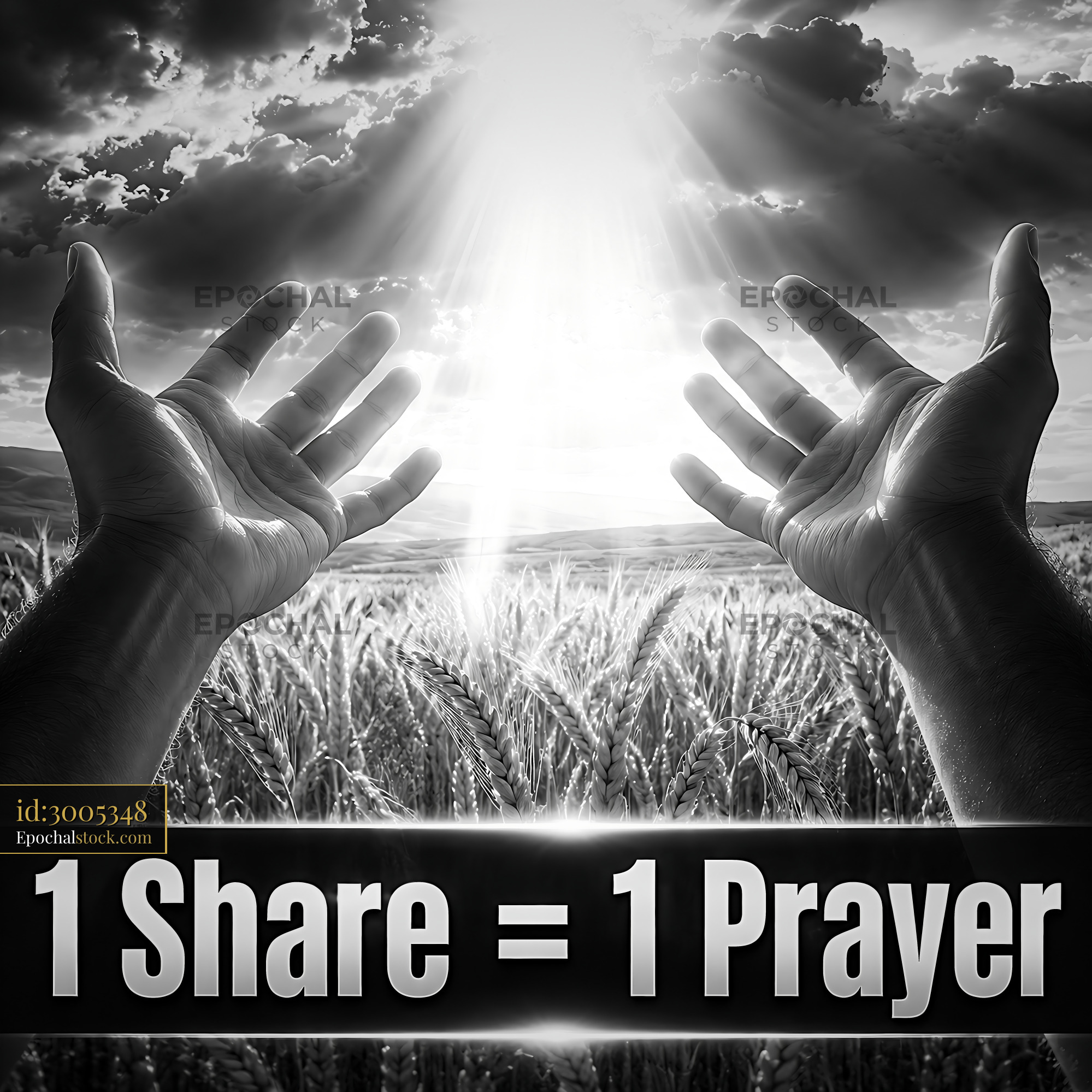 Watermarked full-resolution preview of Hands reaching towards light in a wheat field with a message
