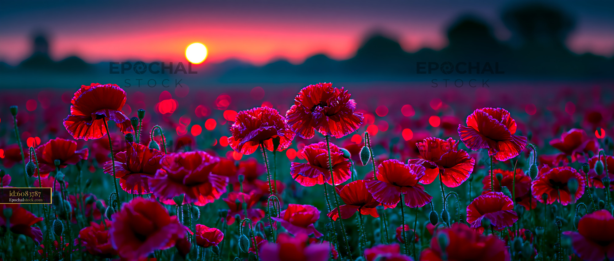 Watermarked full-resolution preview of Vibrant poppy field during sunset with colorful sky