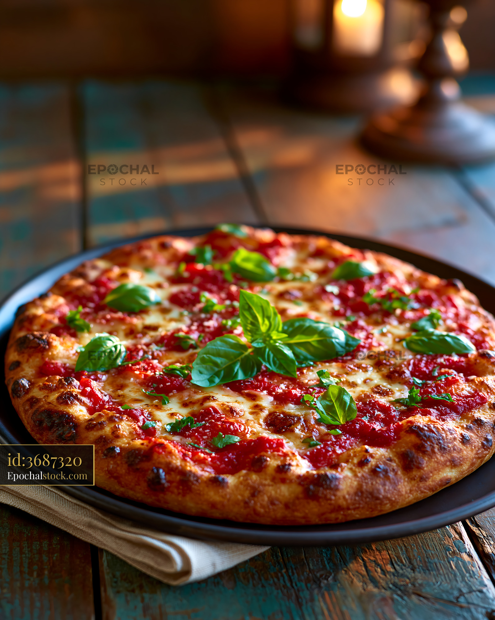 Watermarked full-resolution preview of Freshly baked pizza on a wooden table with basil leaves