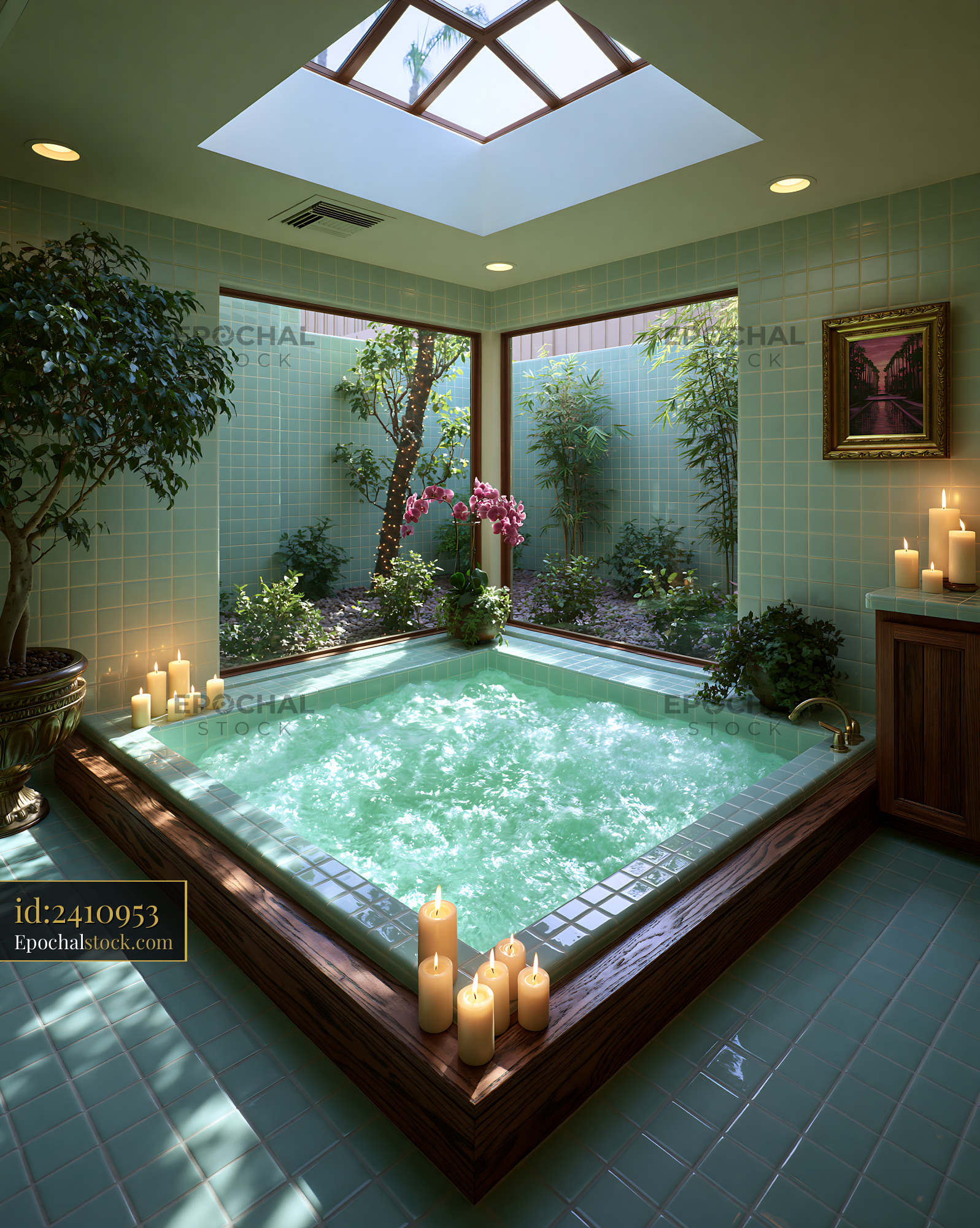 Modern Bathroom With Sunken Tub and Skylight in a Garden - stock photo