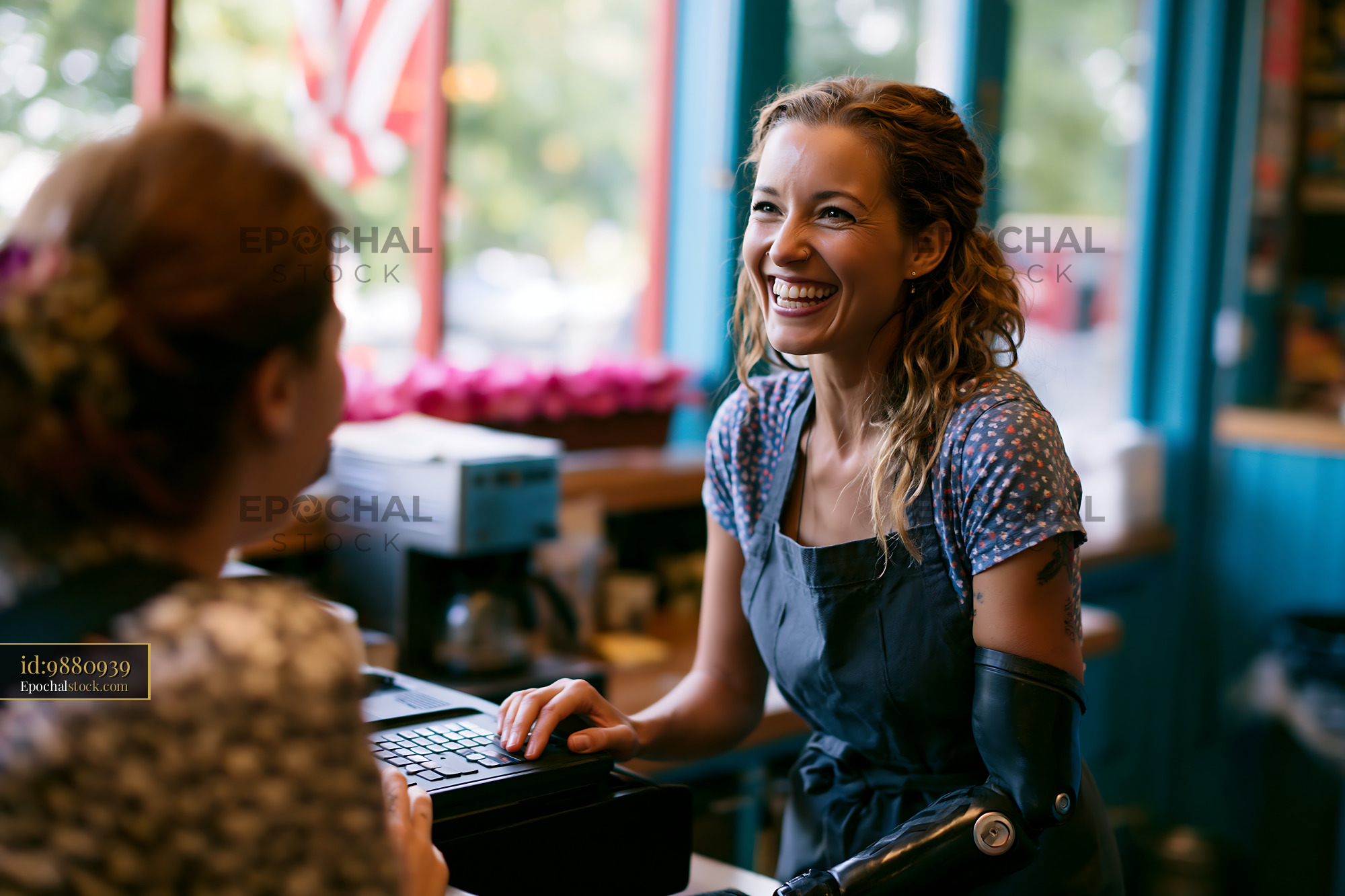 Watermarked full-resolution preview of Barista serving coffee in a cafe with a friendly smile