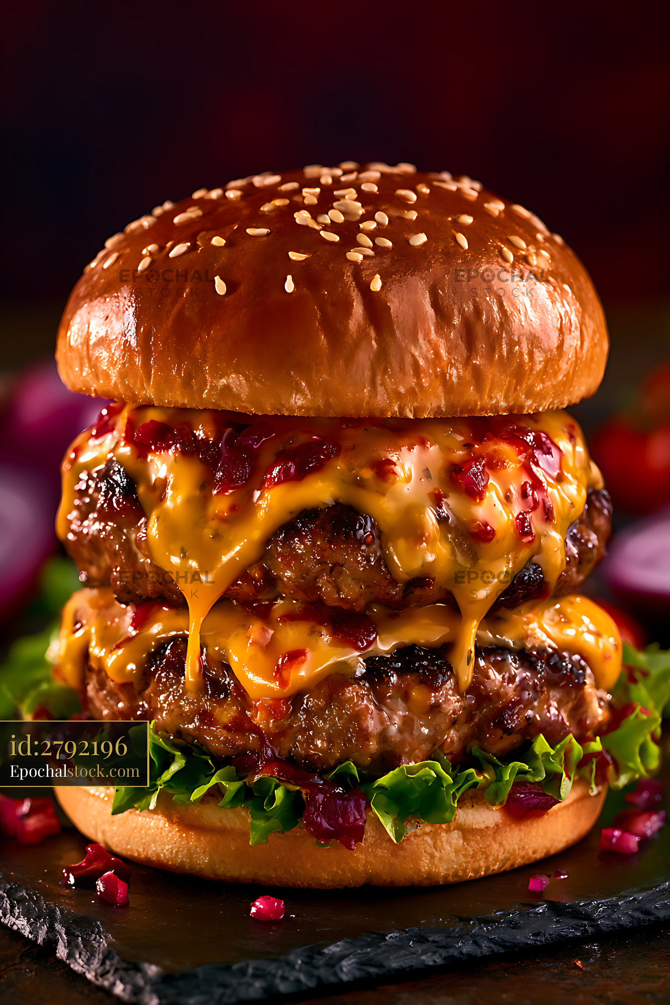 Watermarked full-resolution preview of Double stacked burger with cheese and toppings
