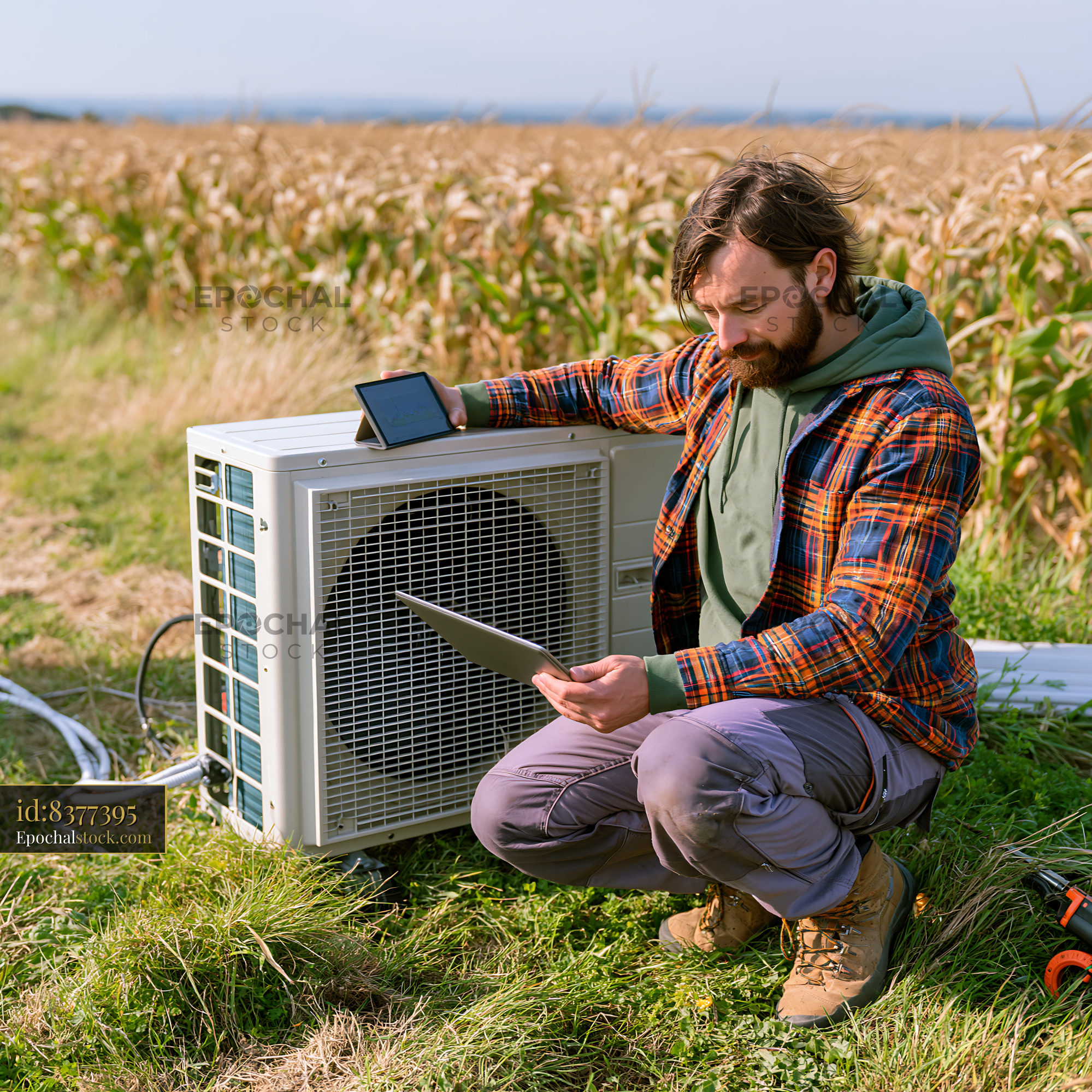 Watermarked full-resolution preview of Man working on air conditioning unit in cornfield