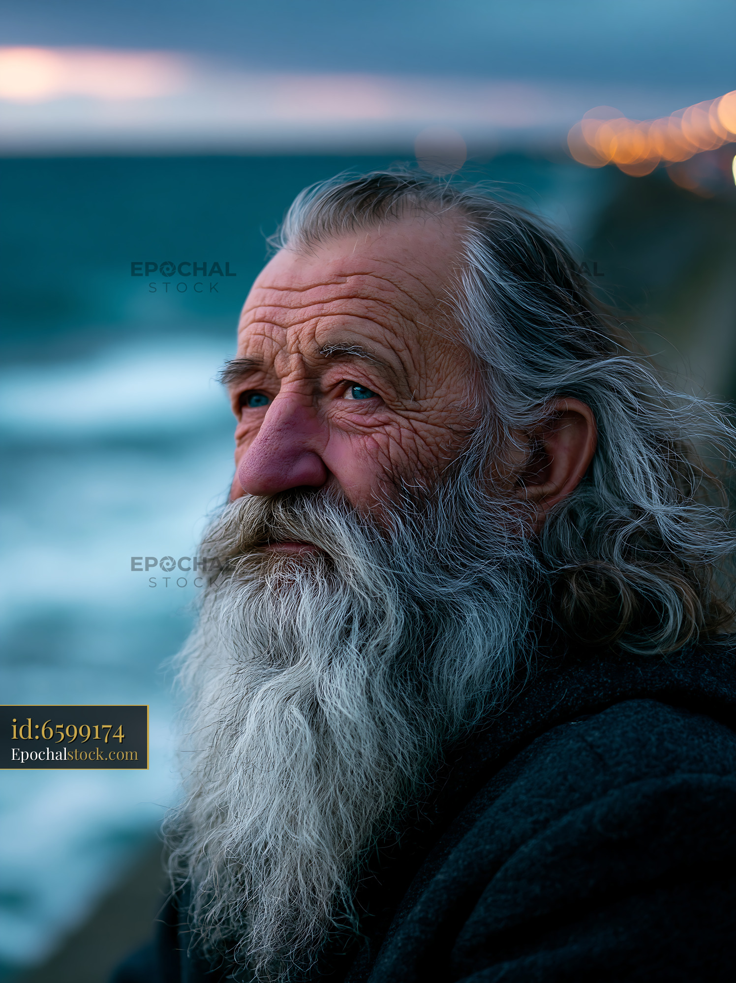 Watermarked full-resolution preview of Old man with gray beard by the ocean at sunset