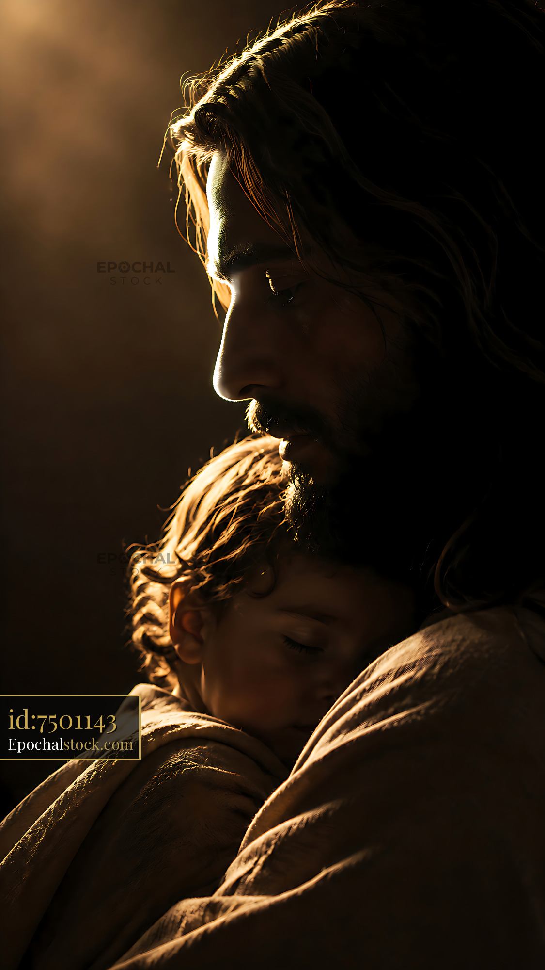 Man Holding Child in Dark Room With Soft Light Shining - stock photo