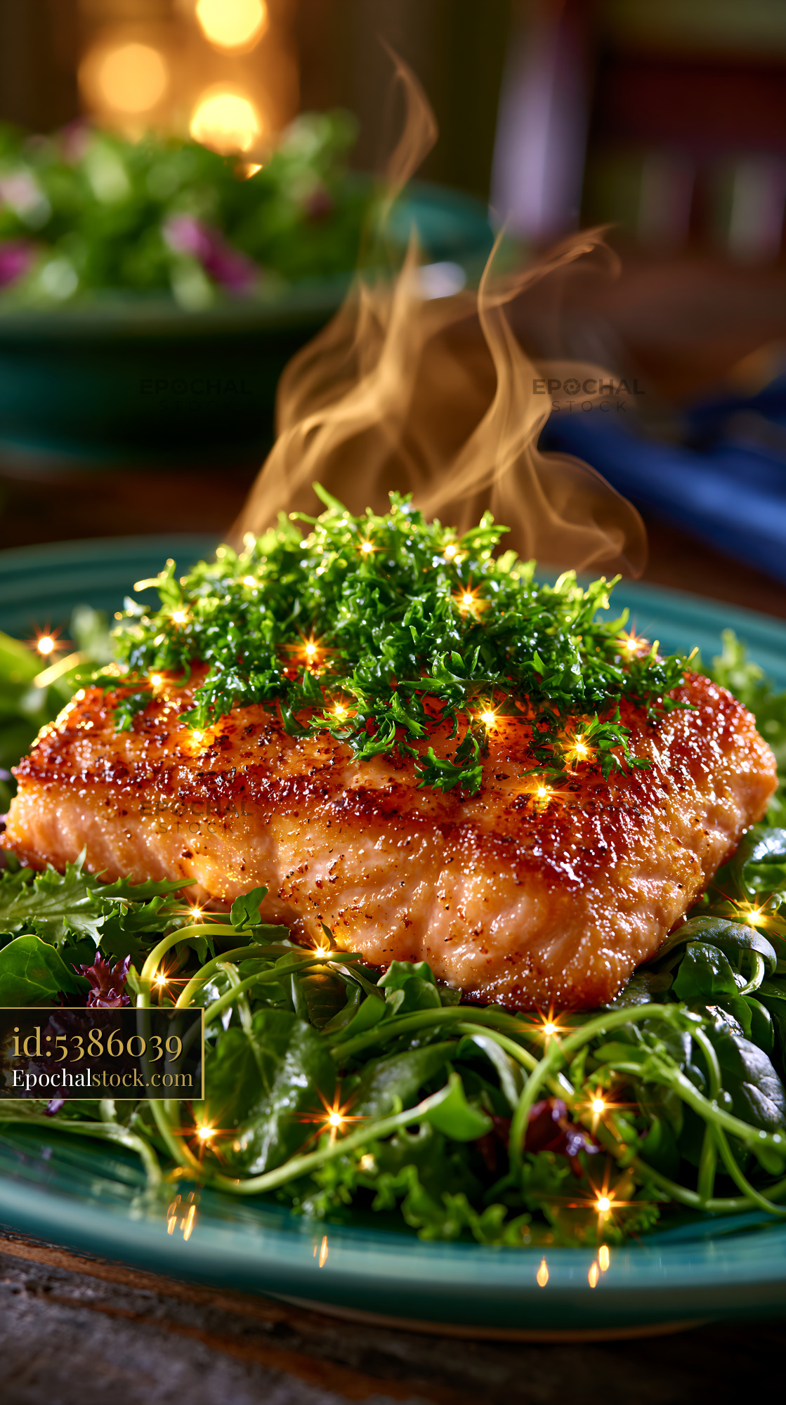 Watermarked full-resolution preview of Salmon fillet served on a bed of greens with garnish