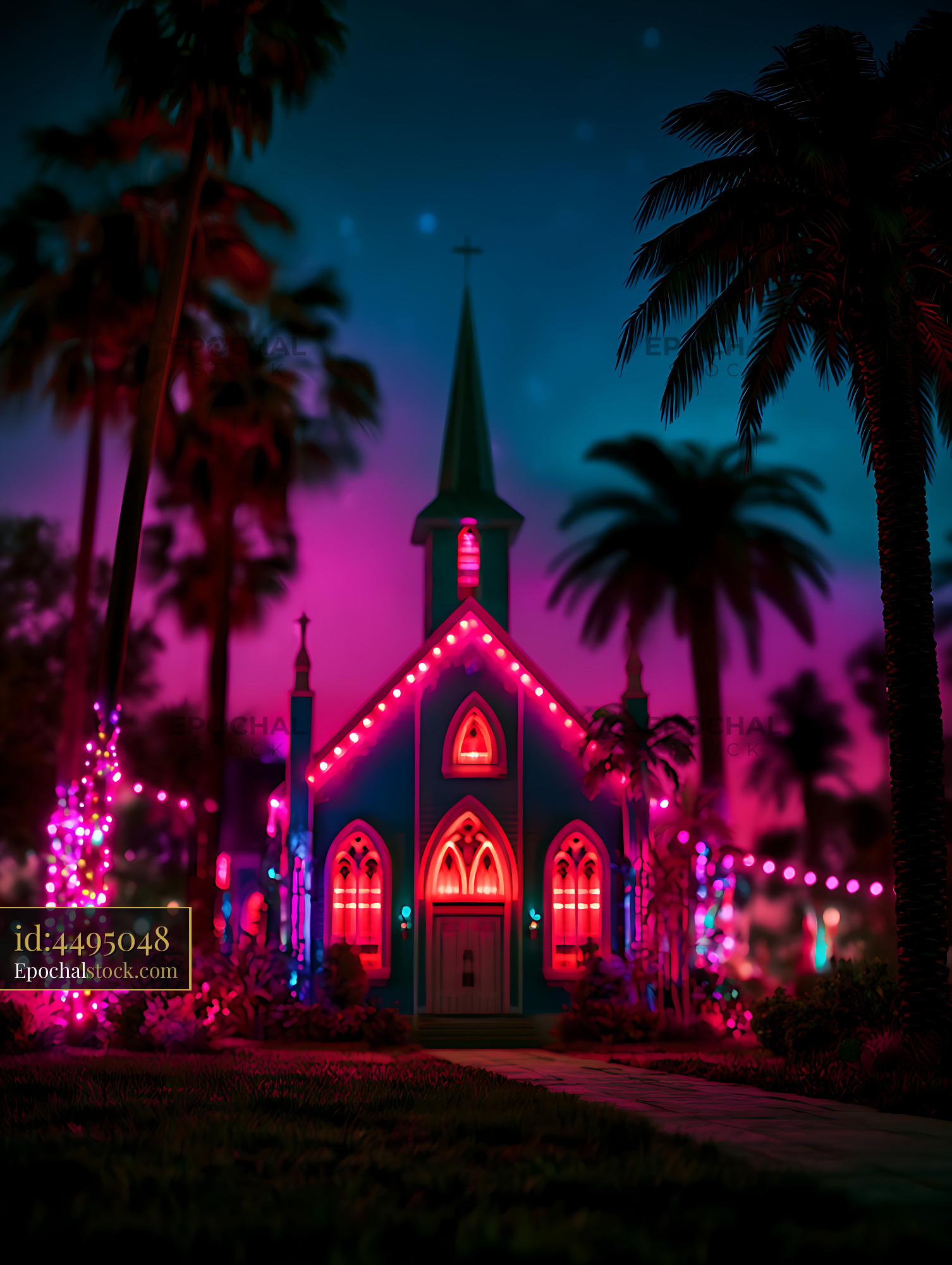 Watermarked full-resolution preview of Vibrant Church and Palm Trees Under a Twilight Sky