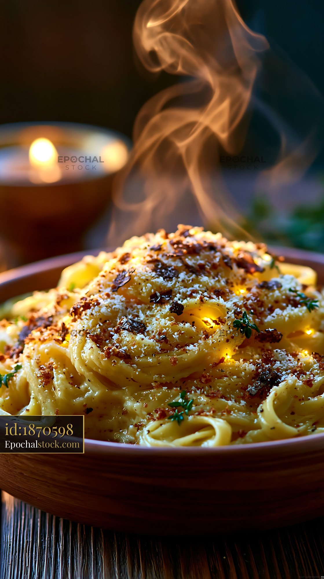 Watermarked full-resolution preview of Steaming bowl of pasta with garnish served at a cozy table
