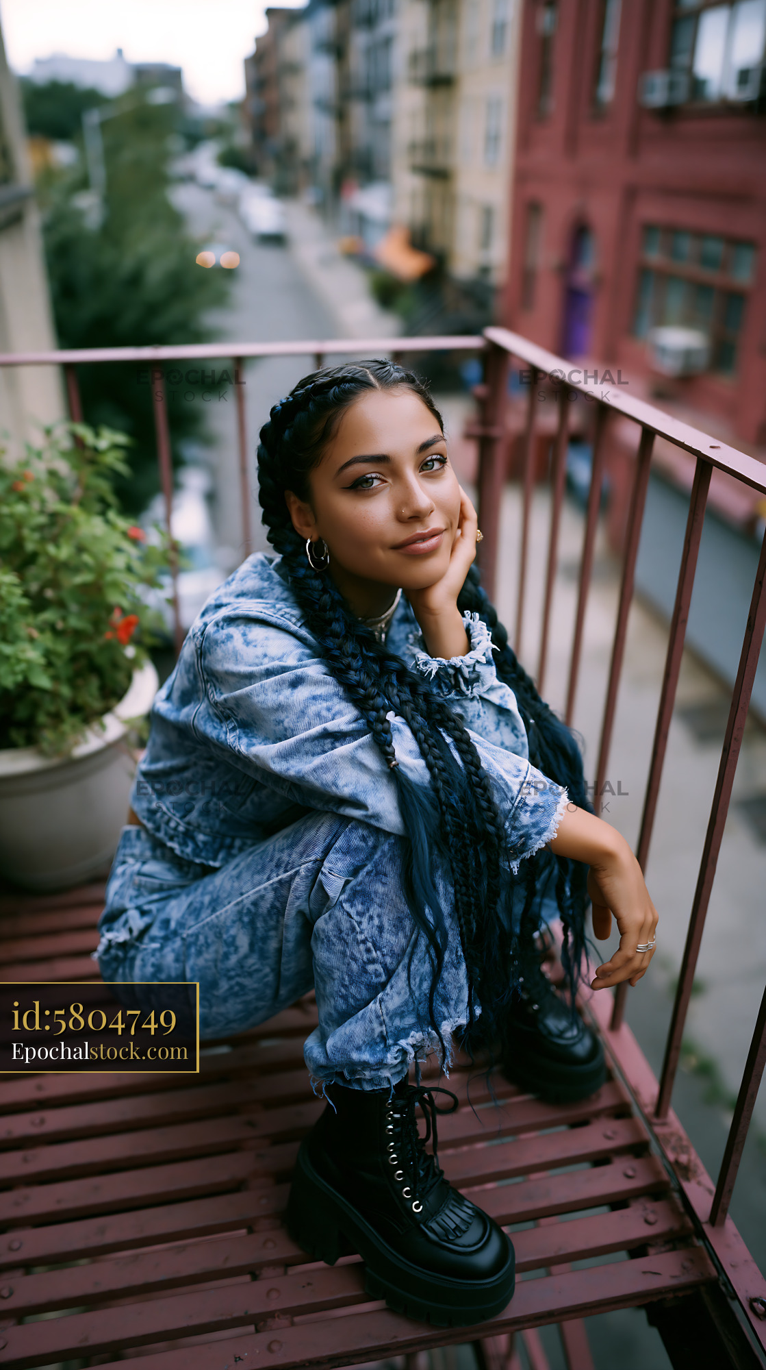 Watermarked full-resolution preview of Woman sitting on balcony with plants and city view