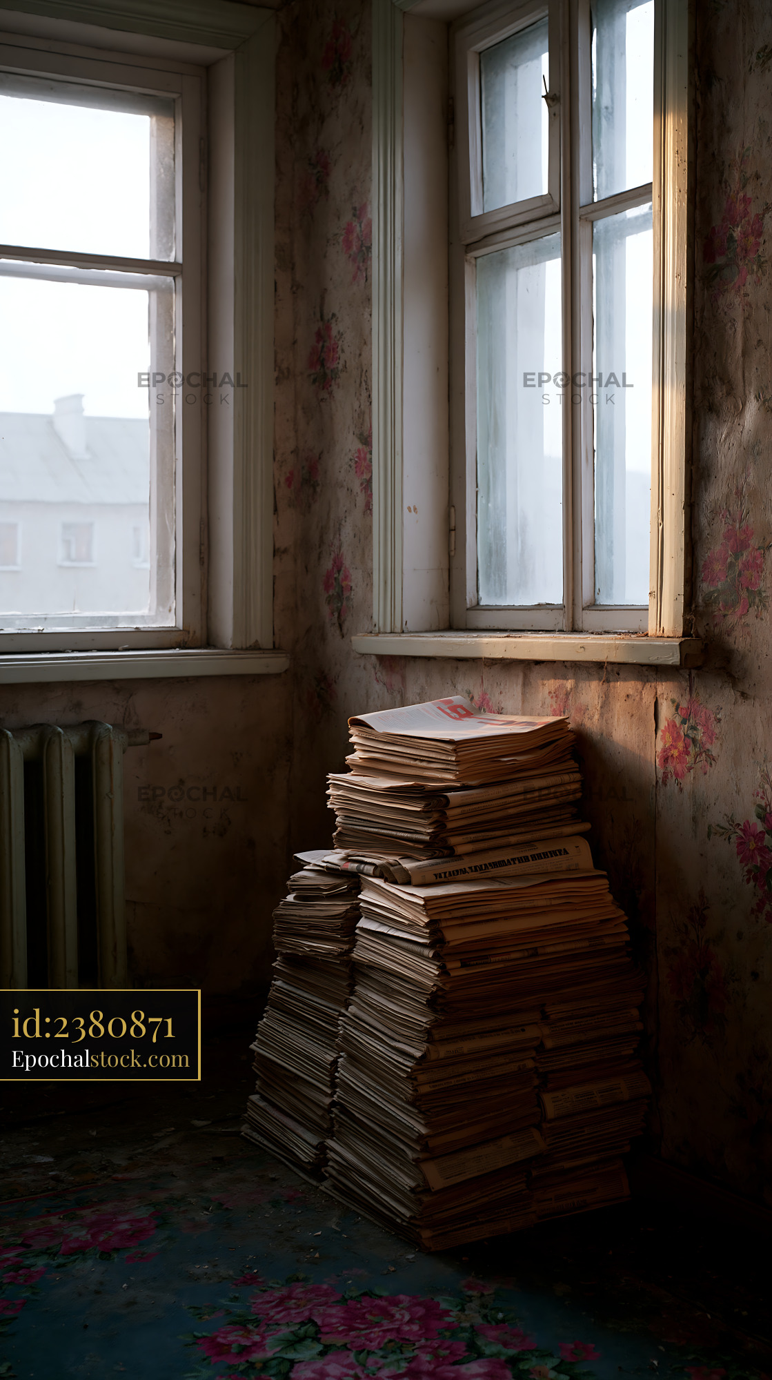 Watermarked full-resolution preview of Old newspapers stacked near window in abandoned room
