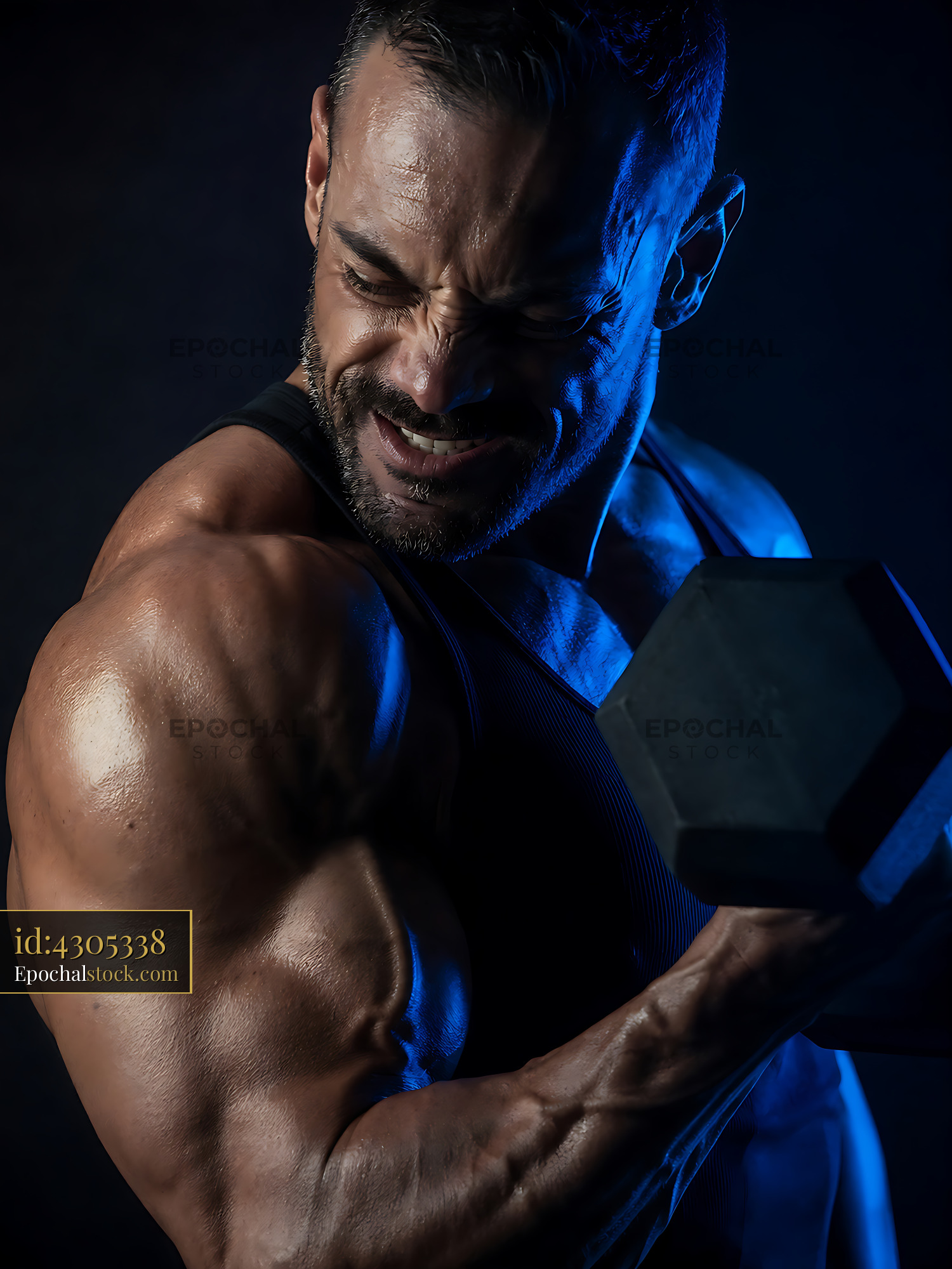 Watermarked full-resolution preview of Muscular man lifting dumbbell in dimly lit gym