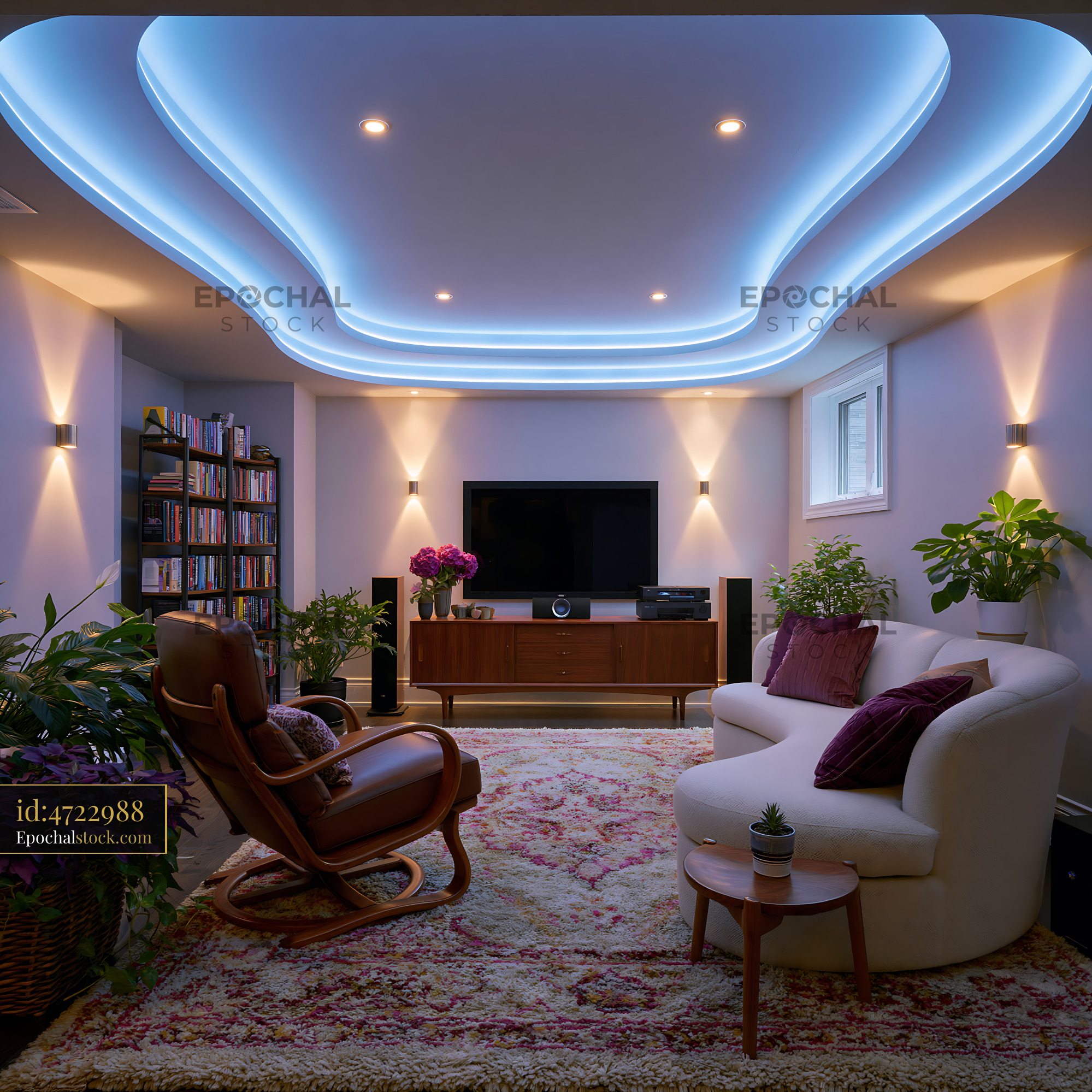 Watermarked full-resolution preview of Cozy living room interior with decorative lighting and plants